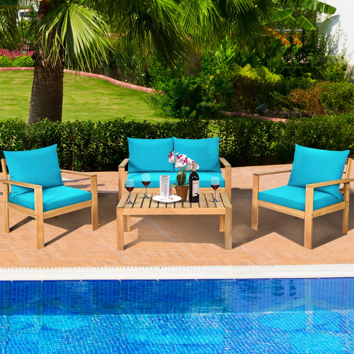 Gymax - 4PCS Patio Acacia Wood Conversation Furniture Set w/ Cushions - Turquoise price history on PriceWatchPro