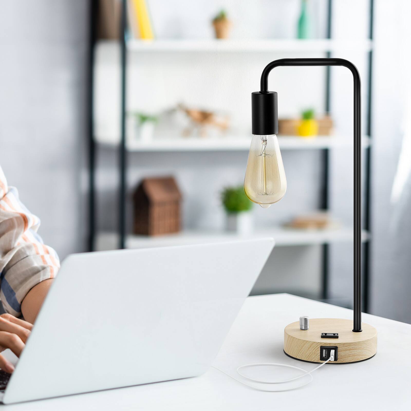 Alt View 2. Oumilen - Industrial Table Lamp with Dual USB Port and AC Outlet, Vintage Ideal Desk Lamp.