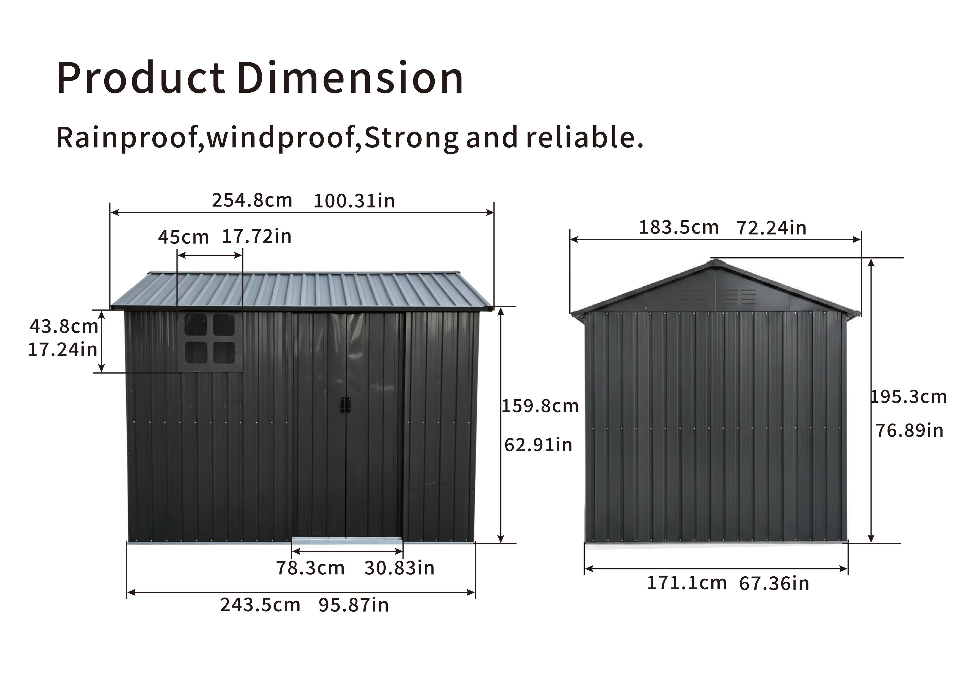 Product Dimension  
Rainproof, windproof, Strong and reliable.  

254.8cm 100.31in  
45cm 17.72in  
43.8cm 17.24in  
159.8cm 62.91in  
78.3cm 30.83in  
243.5cm 95.87in  

183.5cm 72.24in  
195.3cm 76.89in  
171.1cm 67.36in