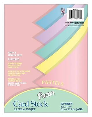 ACID & LIGNIN FREE  
BUFFERED  

SOFT EYE PLEASING  
FAST COLORING  
CARD STOCK  

EXCELLENT FOR SCRAPBOOKS,  
GREETING CARDS AND  
EXPORT COVERS  

PRACTICAL FOR  
EVERYDAY USE OR  
PHOTOCOPMERS  
INKJET & LASER PRINTERS  

PASTELS  

Pacon  
Card Stock  
LASER & INKJET  

100 SHEETS  
8½ X 11 IN  
(21.6 X 27.9 cm) 65LB