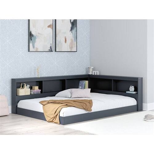 Angle. Hivvago - Twin size Blue Wooden Corner Storage Bed with Bookcase Headboard and USB Ports - Blue.