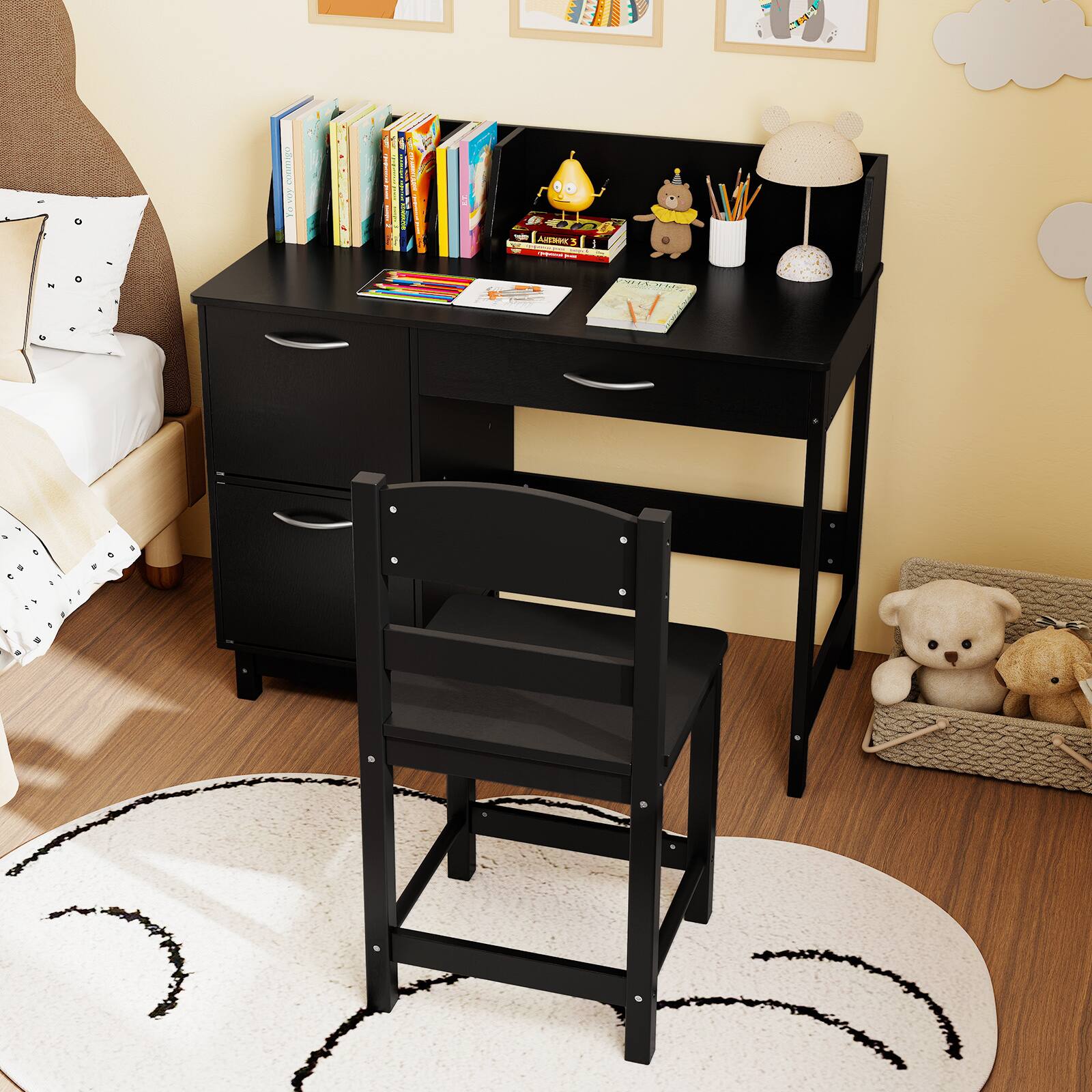 Alt View 3. Gymax - Gymax Kids Study Desk & Chair Set w/Chair 2 Storage Cabinets Drawer 4 Book Sorters - Black.