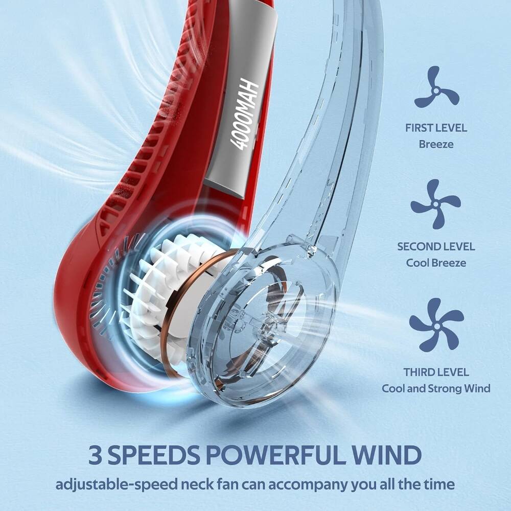 4000MAH FIRST LEVEL Breeze SECOND LEVEL Cool Breeze THIRD LEVEL Cool and Strong Wind 3 SPEEDS POWERFUL WIND adjustable-speed neck fan can accompany you all the time