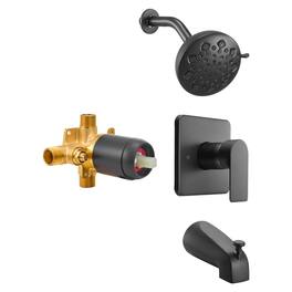 Glintex - Tub and Shower Faucet Set, 5 in Rain Shower Head with Tub Spout, 8 Setting Spray, Brass Pressure Balancing Valve - Matte Black