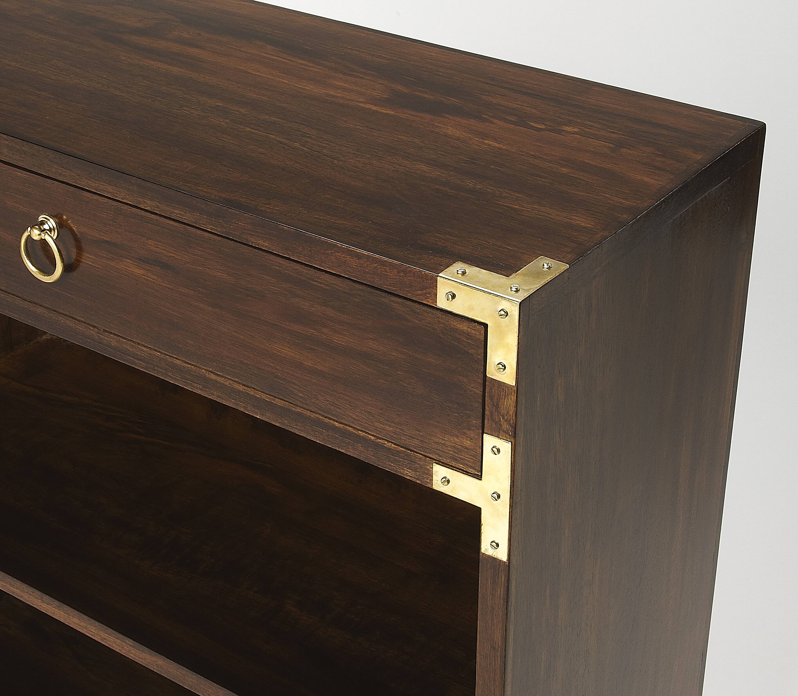 Alt View 2. Butler Specialty - Forster 28 in. W Rectangular Campaign 1 Drawer 2 Shelf Bookcase - Dark Brown.