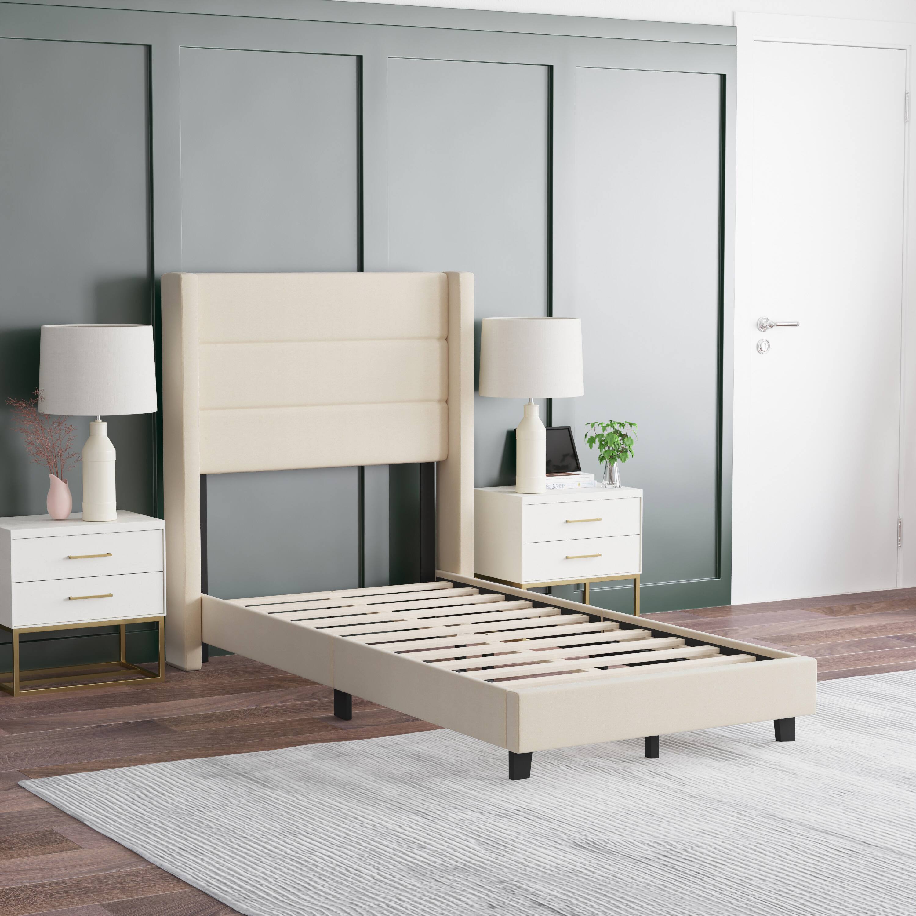 Alt View 3. Emma + Oliver - Upholstered Platform Bed with Wingback Headboard - Beige.