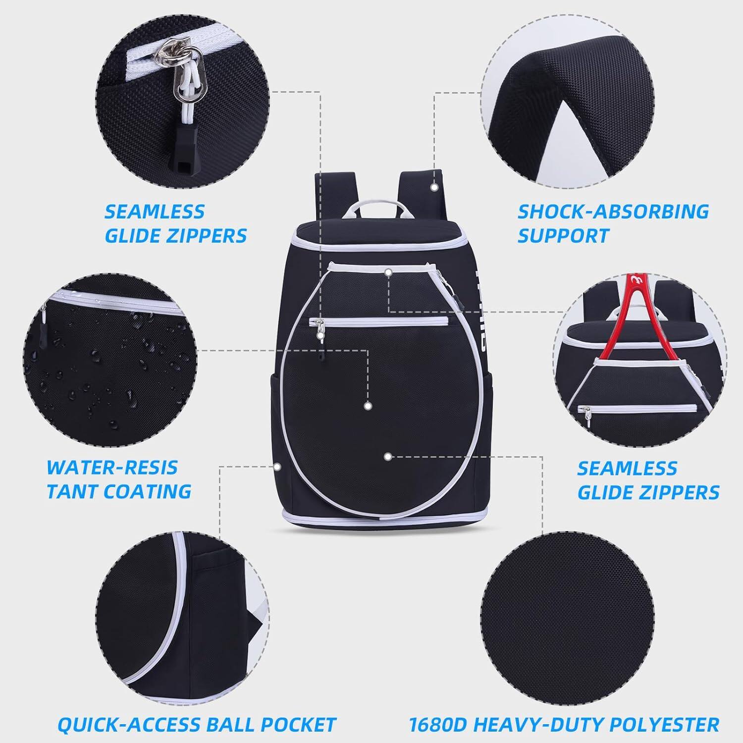 - Seamless Glide Zippers
- Shock-Absorbing Support
- Water-Resistant Coating
- Quick-Access Ball Pocket
- 1680D Heavy-Duty Polyester