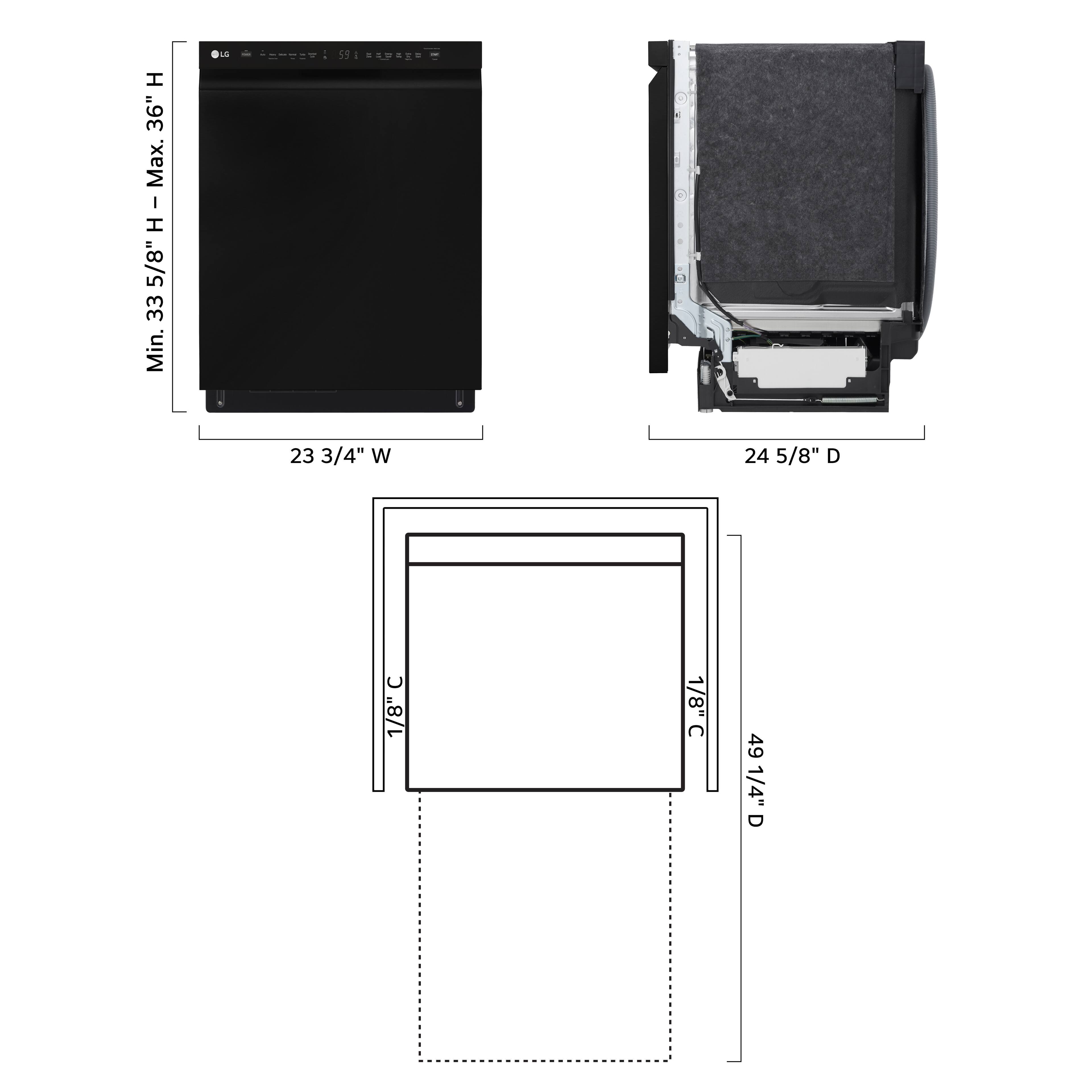 The text on the image is grouped and corrected as follows:

4 S H 36" Max. I 5/8" H - Mx. 5/8" H 33 Min. 23 3/4" W 24 5/8" D  1/8" 1/8"C C 49 1/4" D A