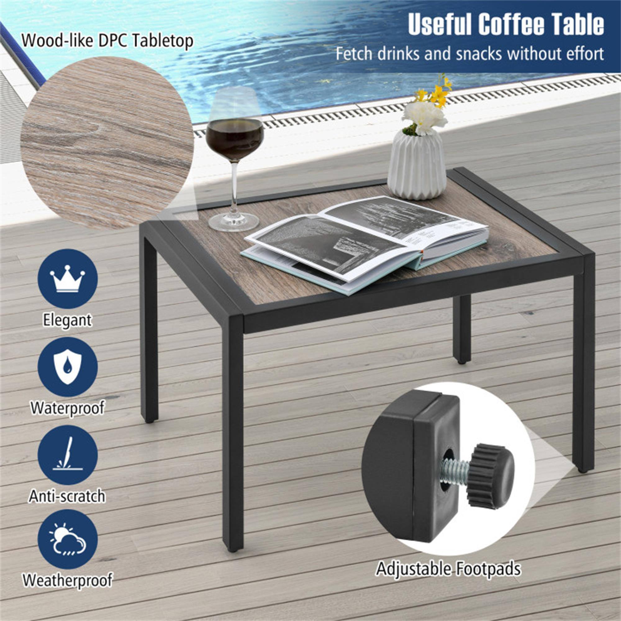 Wood-like DPC Tabletop  
Useful Coffee Table  
Fetch drinks and snacks without effort  

Elegant  
Waterproof  
Anti-scratch  
Weatherproof  
Adjustable Footpads