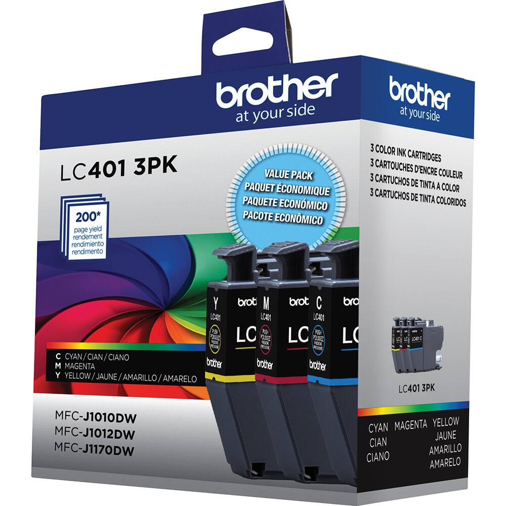 brother side brother at your side at your LC401 3PK 200* page yield rendement rendimiento rendimento VALUE PACK PAQUET ECONOMIQUE PAQUETE ECONOMICO PACOTE ECONOMICO 3 COLOR INK CARTRIDGES 3 CARTOUCHES D'ENCRE COULEUR 3 CARTUCHOS DE TINTA A 3 COLOR CARTUCHOS DE TINTA COLORIDOS Y brot M LCAM LCADI LC n - - C CYAN CIAN CIANO M MAGENTA brother brother Y YELLOW YELLOW/JAUNE/AMARILLO/AMARELO / JAUNE AMARILLO AMARELO brot C LCAD LC PR P POK PO brother bro L 1 A LOATC LC401 3PK MFC-J1010DW MFC-J1012DW MFC-J1170DW MAGENTA YELLOW CYAN JAUNE CIAN AMARILLO CIANO AMARELO