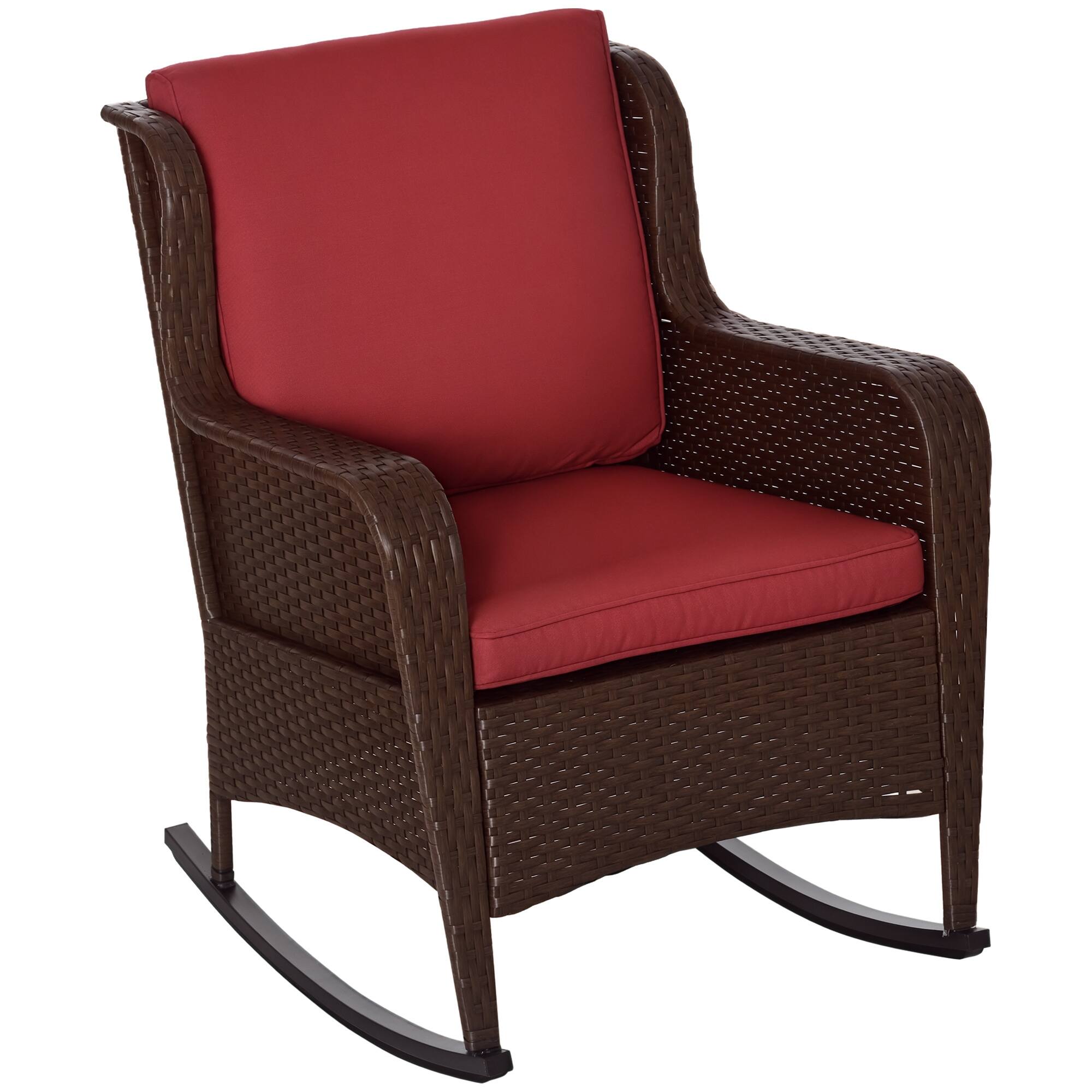 Outsunny - Outdoor Wicker Rocking Chair with Wide Seat, Thick Cushions, Rattan Rocker with Steel Frame, High Weight Capacity - Wine Red