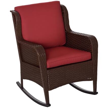 Front. Outsunny - Outdoor Wicker Rocking Chair with Wide Seat, Thick Cushions, Rattan Rocker with Steel Frame, High Weight Capacity - Wine Red.