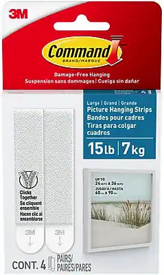 3M Command
Brand/Marque
Damage-Free Hanging
Suspension sans dommages
Cuelga sin dañar
Large | Grand | Grande
Picture Hanging Strips
Bandes pour cadres
Tiras para colgar cuadros
15 lb | 7 kg
Clicks Together
Se cliquent ensemble
Hacen clic al ensamblarse
UP TO
24" x 36"
JUSQU'À
60 cm x 90 cm
CONT. 4
PAIRS/PAIRES