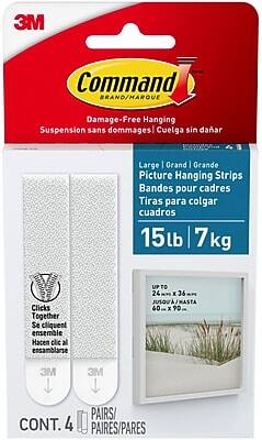 3M Command  
Brand/Marque  
Damage-Free Hanging  
Suspension sans dommages  
Cuelga sin dañar  

Large | Grand | Grande  
Picture Hanging Strips  
Bandes pour cadres  
Tiras para colgar cuadros  

15 lb | 7 kg  

Clicks Together  
Se cliquent ensemble  
Hacen clic al ensamblarse  

UP TO  
24" x 36"  
JUSQU'À  
60 cm x 90 cm  

CONT. 4  
PAIRS/PAIRES