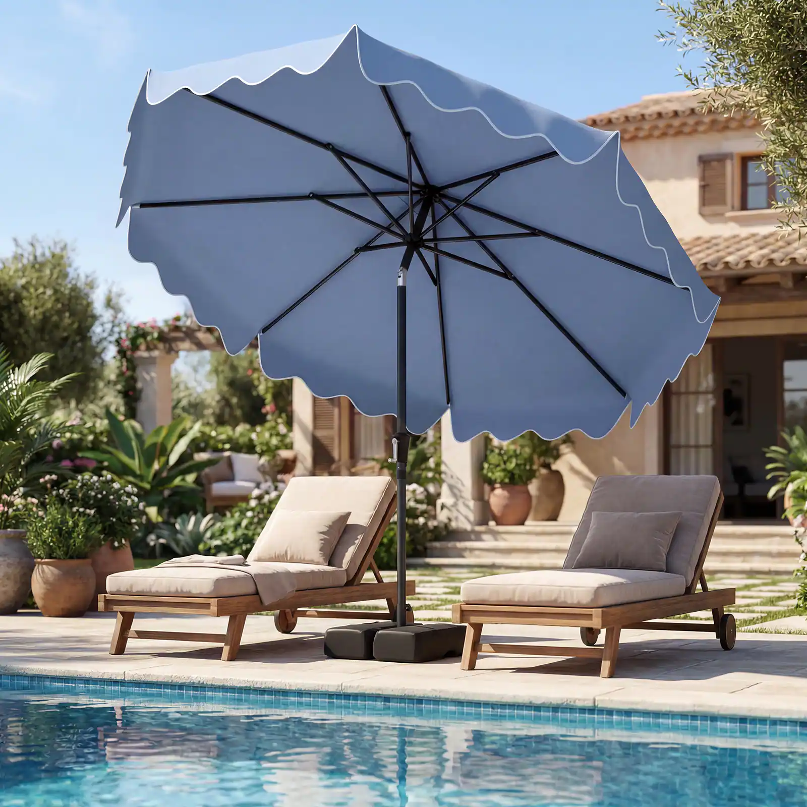 Alt View 4. Costway - Costway 9 FT Patio Umbrella with Weighted Base Sandbags Push Button Tilt Crank Sturdy Ribs - Blue.