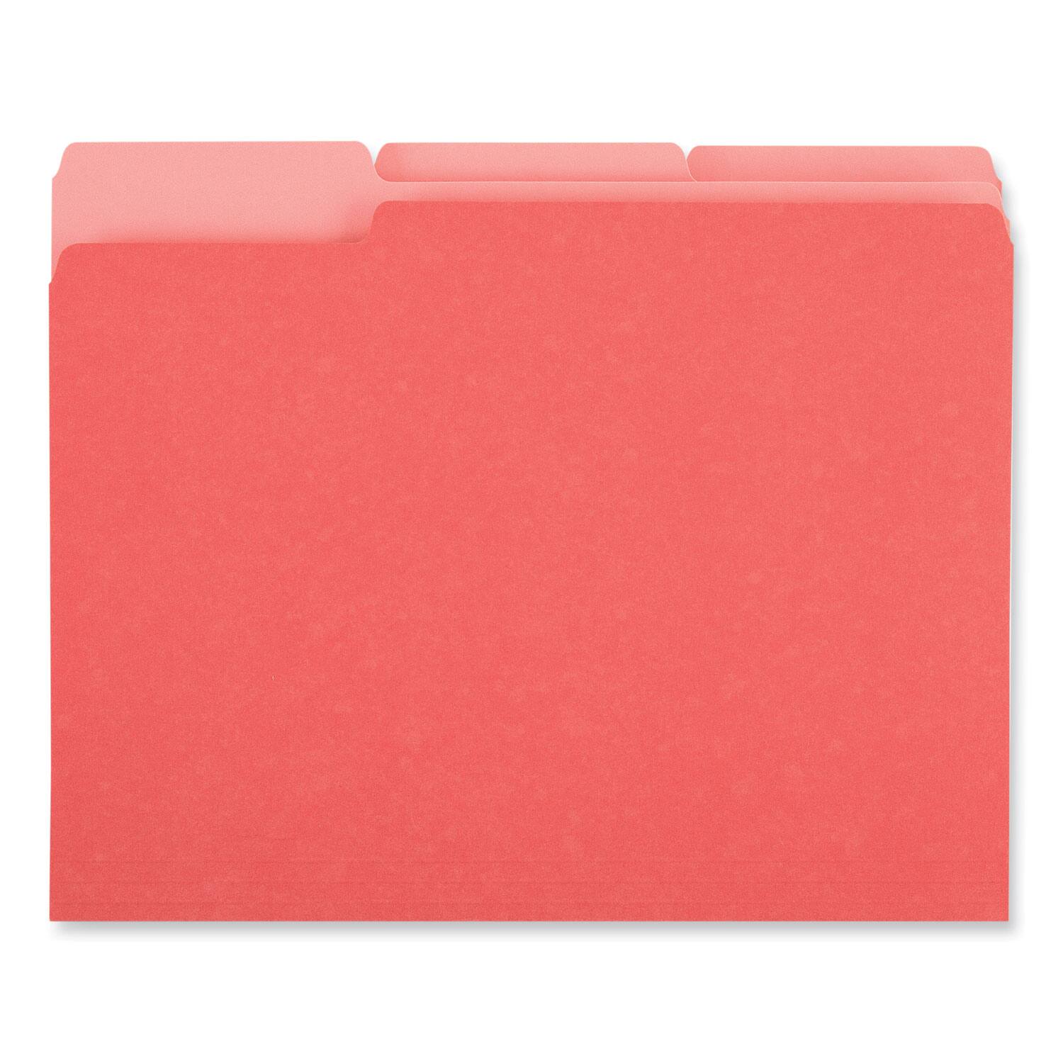 Left. Universal - Deluxe Colored Top Tab File Folders, 1/3-Cut Tabs: Assorted, Letter Size, Red/Light Red, 100/Box.