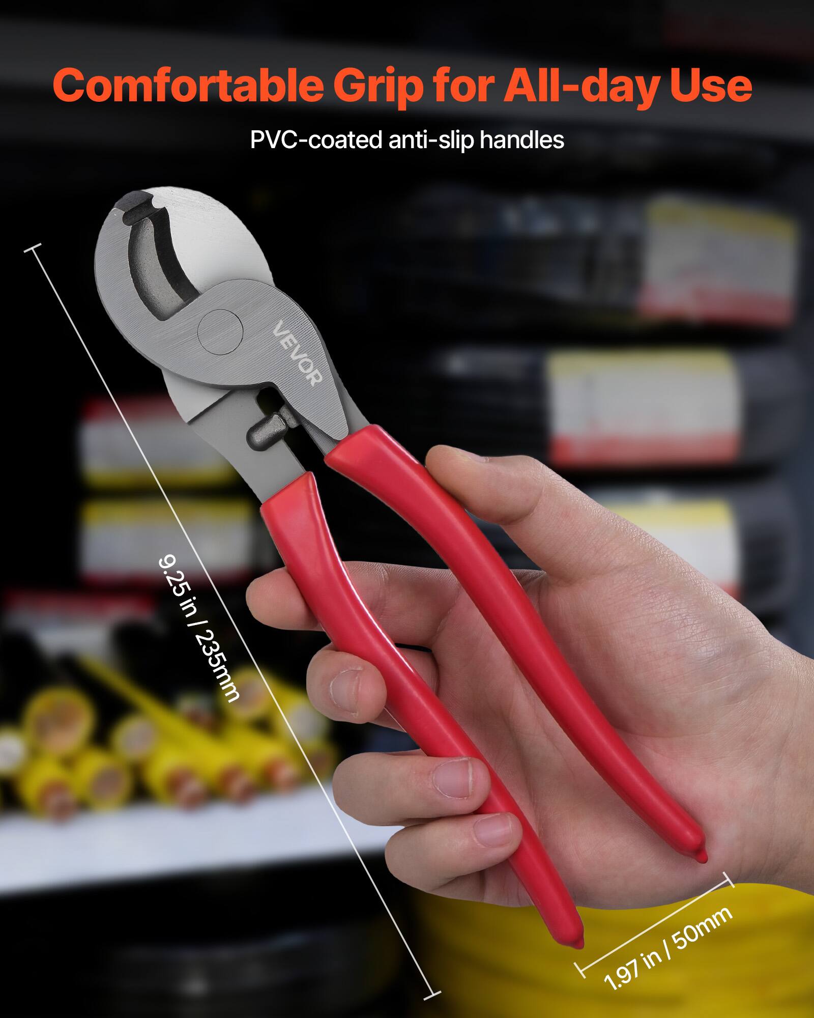 Comfortable Grip for All-day Use  
PVC-coated anti-slip handles  
9.25 in / 235mm  
1.97 in / 50mm