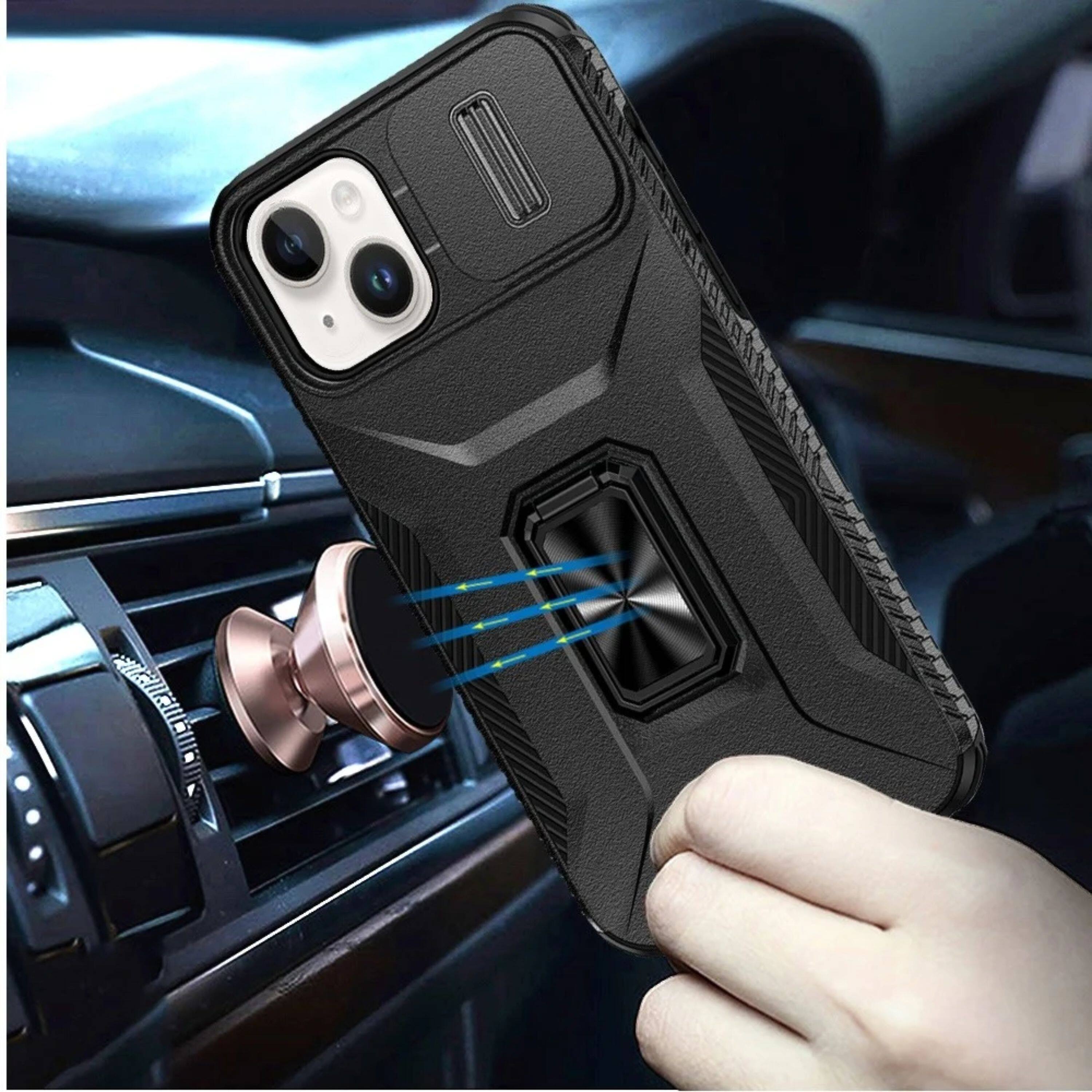 Angle. Kitcheniva - Full Coverage Metal Stand Lens Cover Phone Case With 2 Pcs Tempered Glass For iPhone 15 Black - Black.