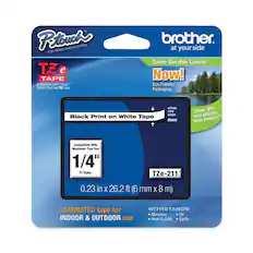 **P-touch**
ELECTRONIC LABELING SYSTEM
**TZe TAPE**
Compatible with P-touch labelers that use TZe tape
**Black Print on White Tape**
ACTUAL TAPE WIDTH 6mm
**Compatible With Machines That Use 1/4" TZe Tapes**
0.23 in x 26.2 ft (6 mm x 8 m)
**TZe-211**
**LAMINATED tape for INDOOR & OUTDOOR use**
**WITHSTANDS**
- Abrasion
- Heat & Cold
- Spills
- UV
**brother**
at your side
**Same Durable Labels!**
Now!
Eco-Friendly Packaging
Using 80% less plastic than before*
*Eco-Friendly Packaging