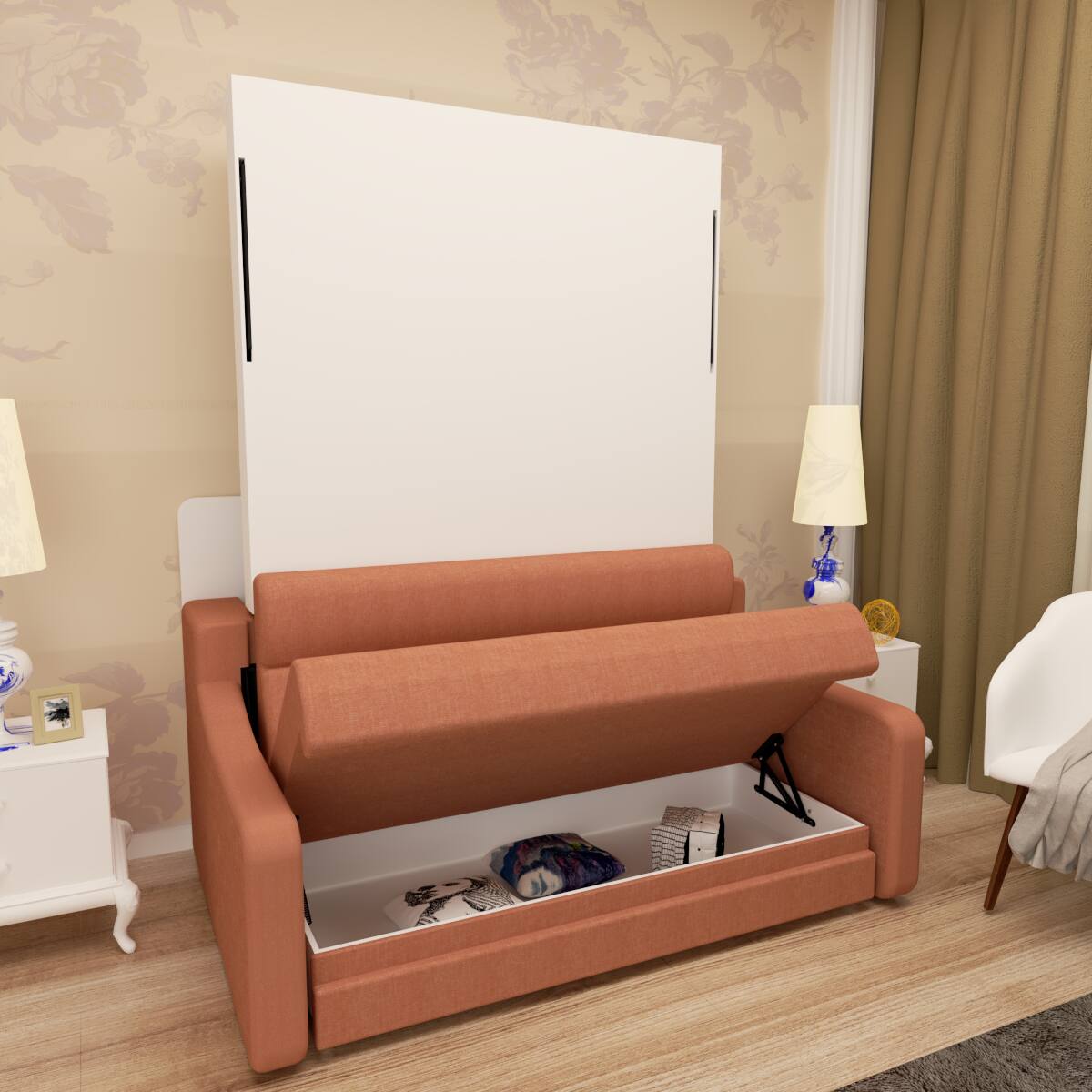 Angle. Tiramisubest - Orange Plywood Modern Murphy Bed with Sofa for Bedroom, Space Saving, Easy Assembly - Orange.