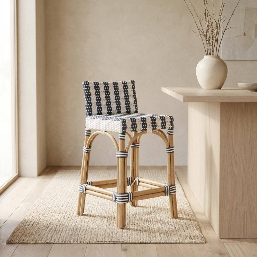 Left. Starlight Canyon Home - Rattan Low Back Counter Stool, Transitional Bar Stool for Dining Rooms - White And Navy Stripe.