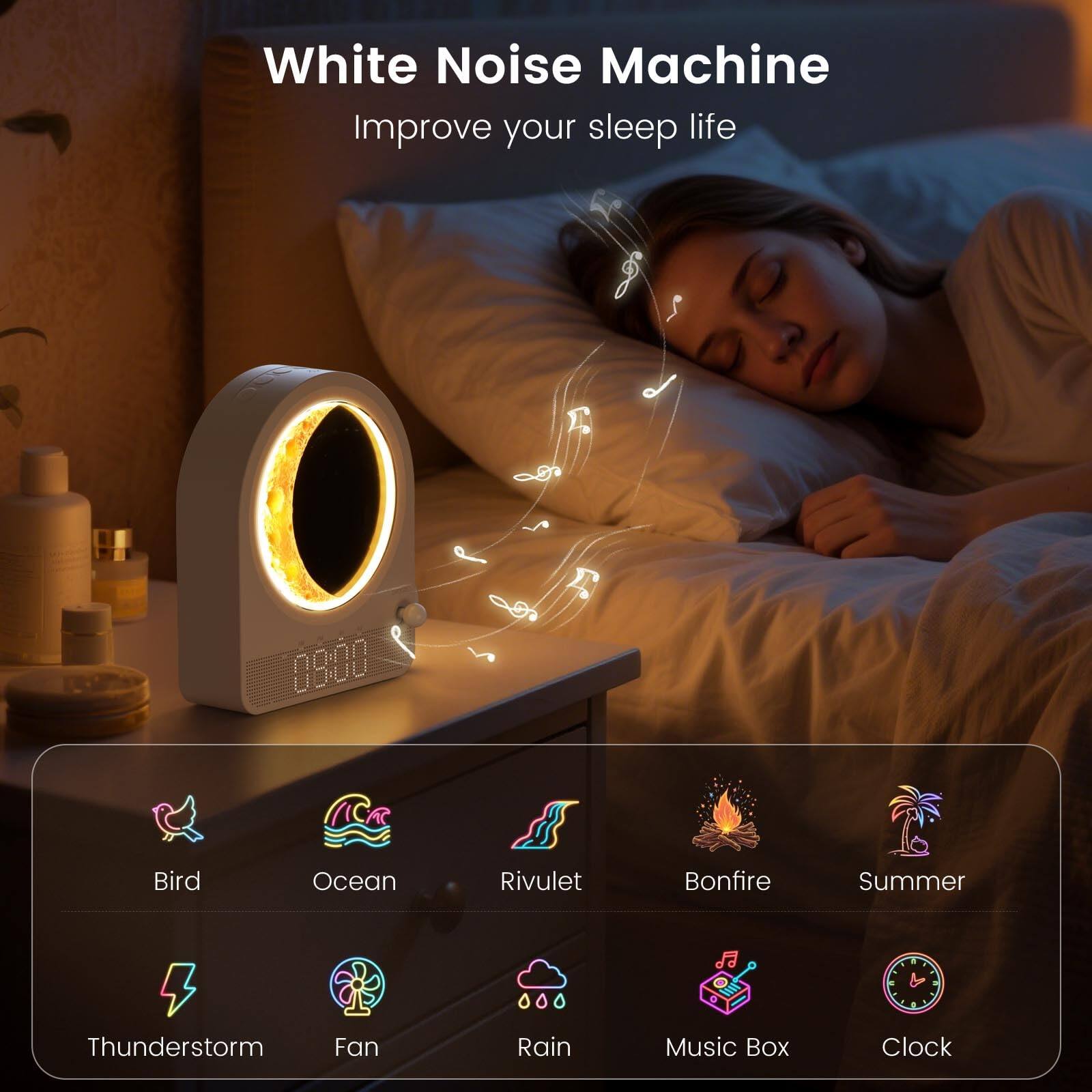 White Noise Machine  
Improve your sleep life  

1. Bird  
2. Ocean  
3. Rivulet  
4. Bonfire  
5. Summer  
6. Thunderstorm  
7. Fan  
8. Rain  
9. Music Box  
10. Clock