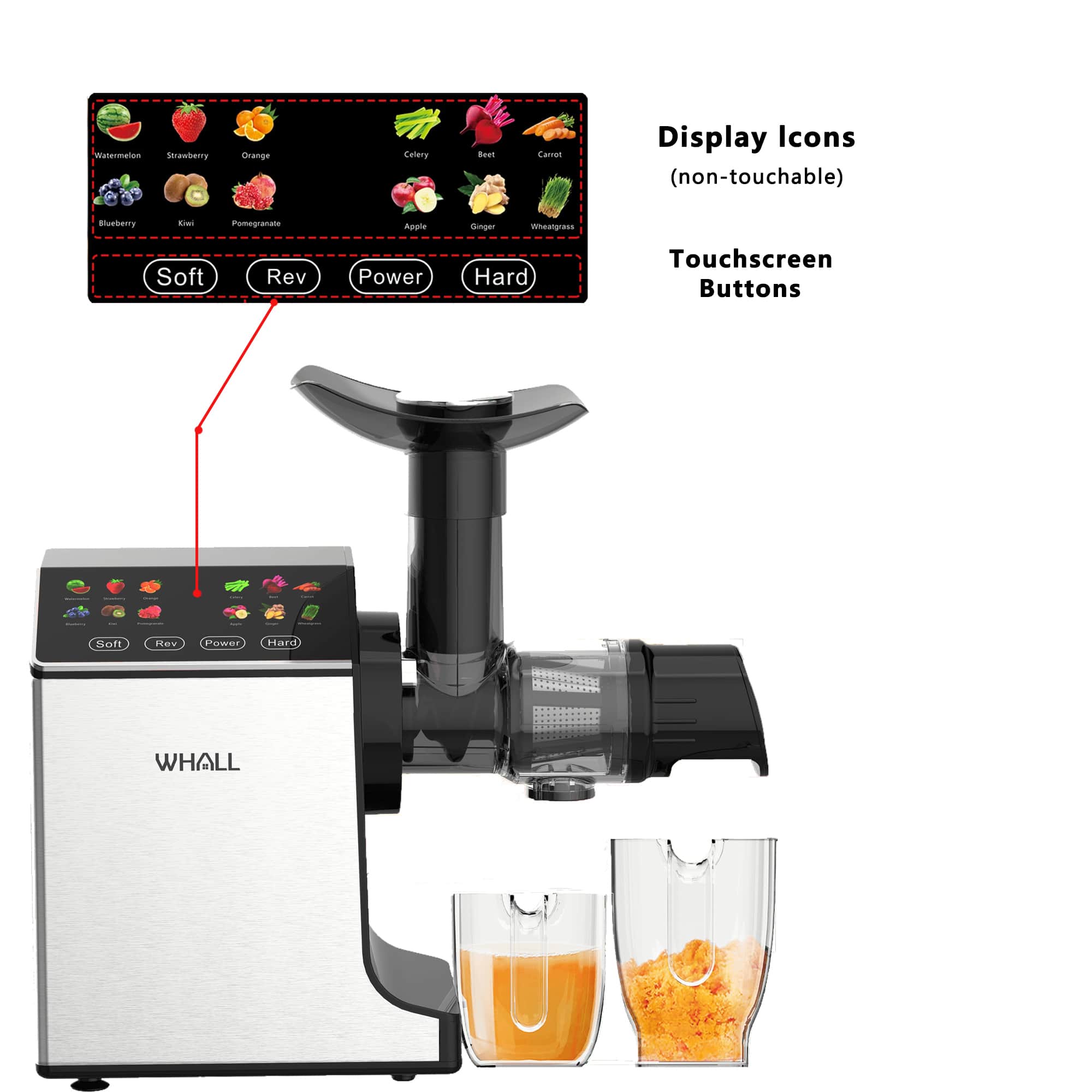 WHALL - Cold Press Juicer Machine, Wide Feed Chute, High Juice Yield, Stainless Steel Masticating Juicer - Silver