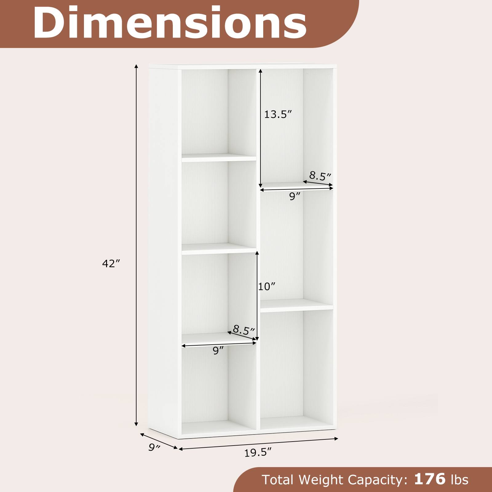 Dimensions: 13.5" x 8.5" x 9" x 42" x 10" x 8.5" x 9" x 9" x 19.5"  
Total Weight Capacity: 176 lbs