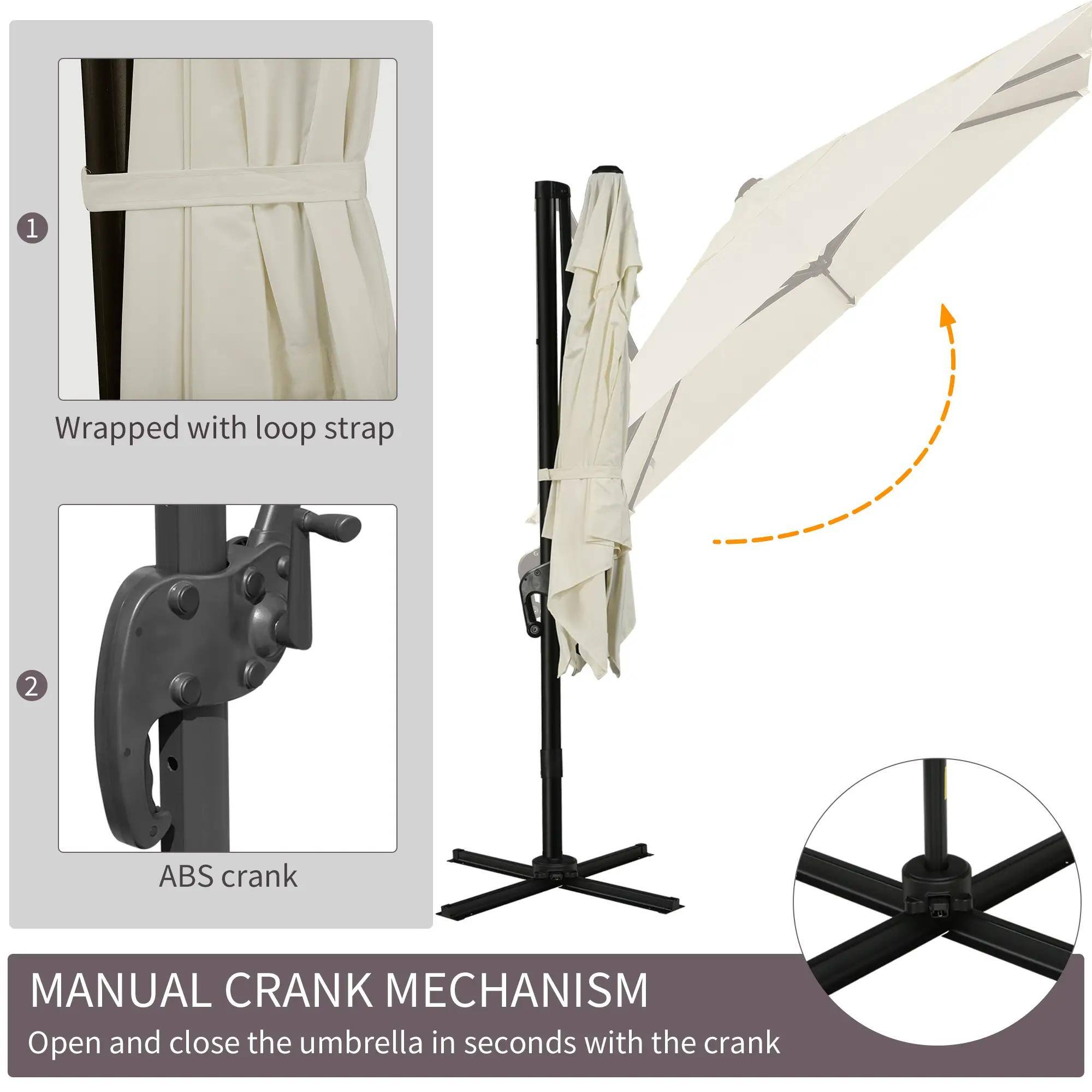 1. Wrapped with loop strap

2. ABS crank

MANUAL CRANK MECHANISM
Open and close the umbrella in seconds with the crank