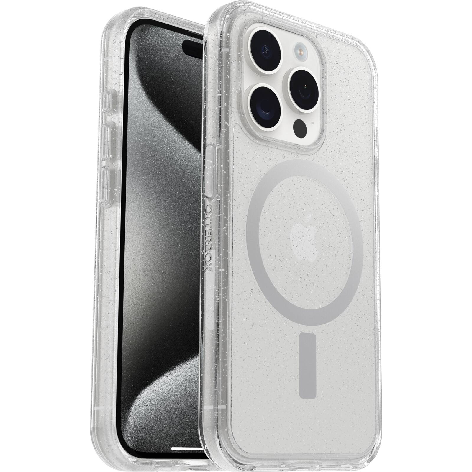 Left. OtterBox - Symmetry Series Hard Shell for MagSafe for Apple iPhone 15 Pro - Stardust.