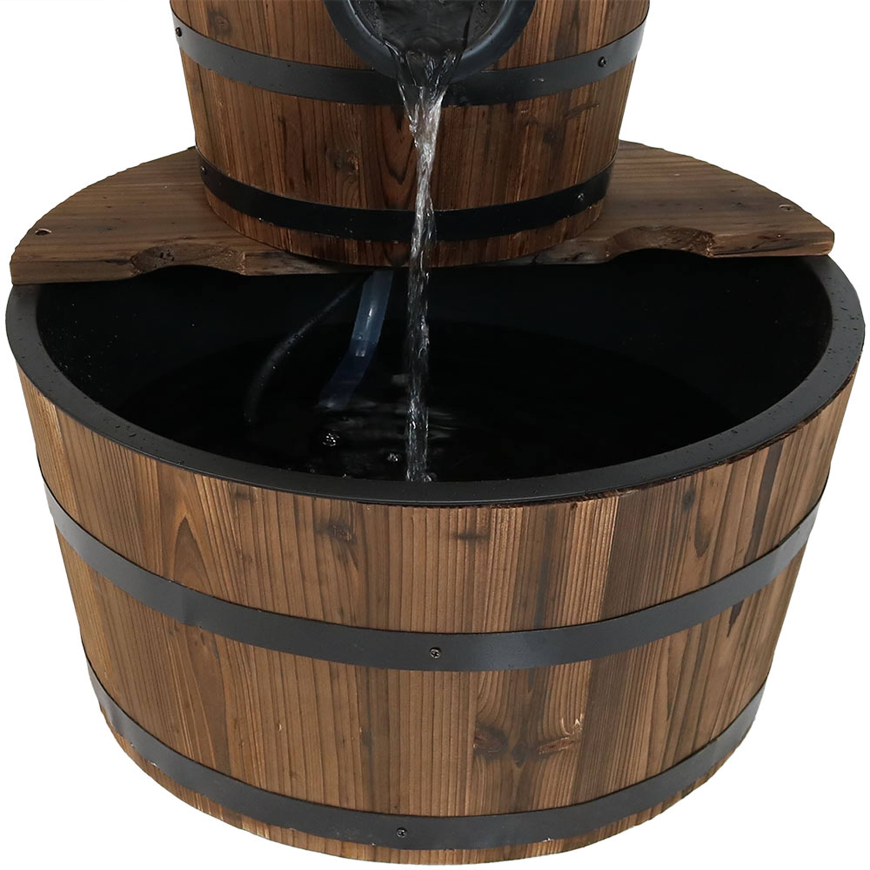 Alt View 10. Sunnydaze - Wooden Bowl/Barrel Water Fountain with Hand Pump/Liner - 23 in - Brown.