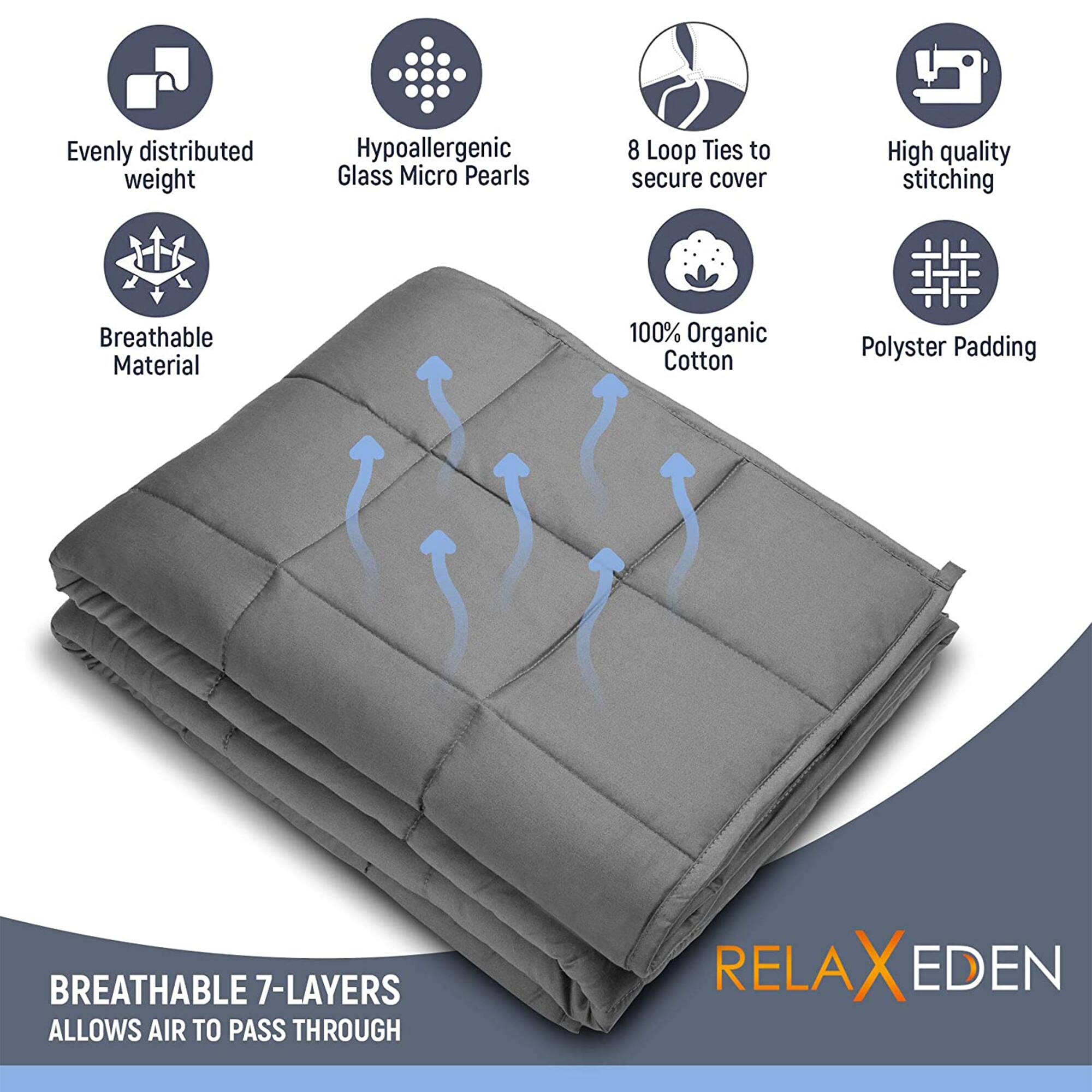 - Evenly distributed weight
- Hypoallergenic Glass Micro Pearls
- 8 Loop Ties to secure cover
- High quality stitching
- Breathable Material
- 100% Organic Cotton
- Polyester Padding
- BREATHEABLE 7-LAYERS
- ALLOWS AIR TO PASS THROUGH
- RELAX EDEN