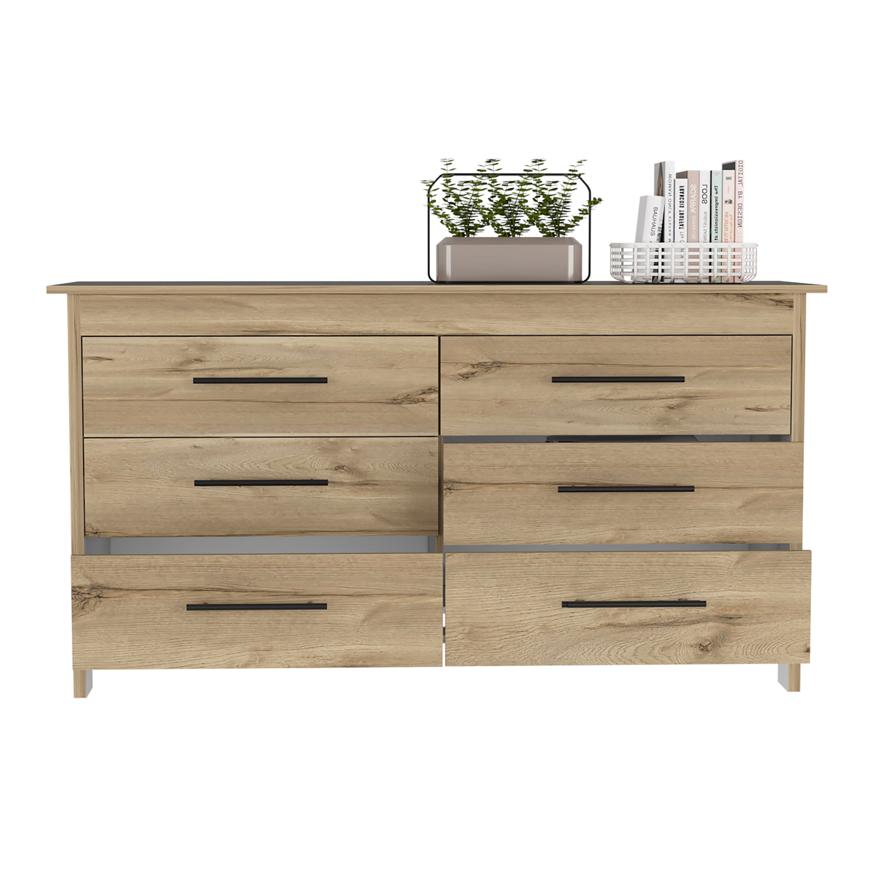TuHome - Hms 6 Drawer Double Dresser, Four Legs, Superior Top - Light Oak / White