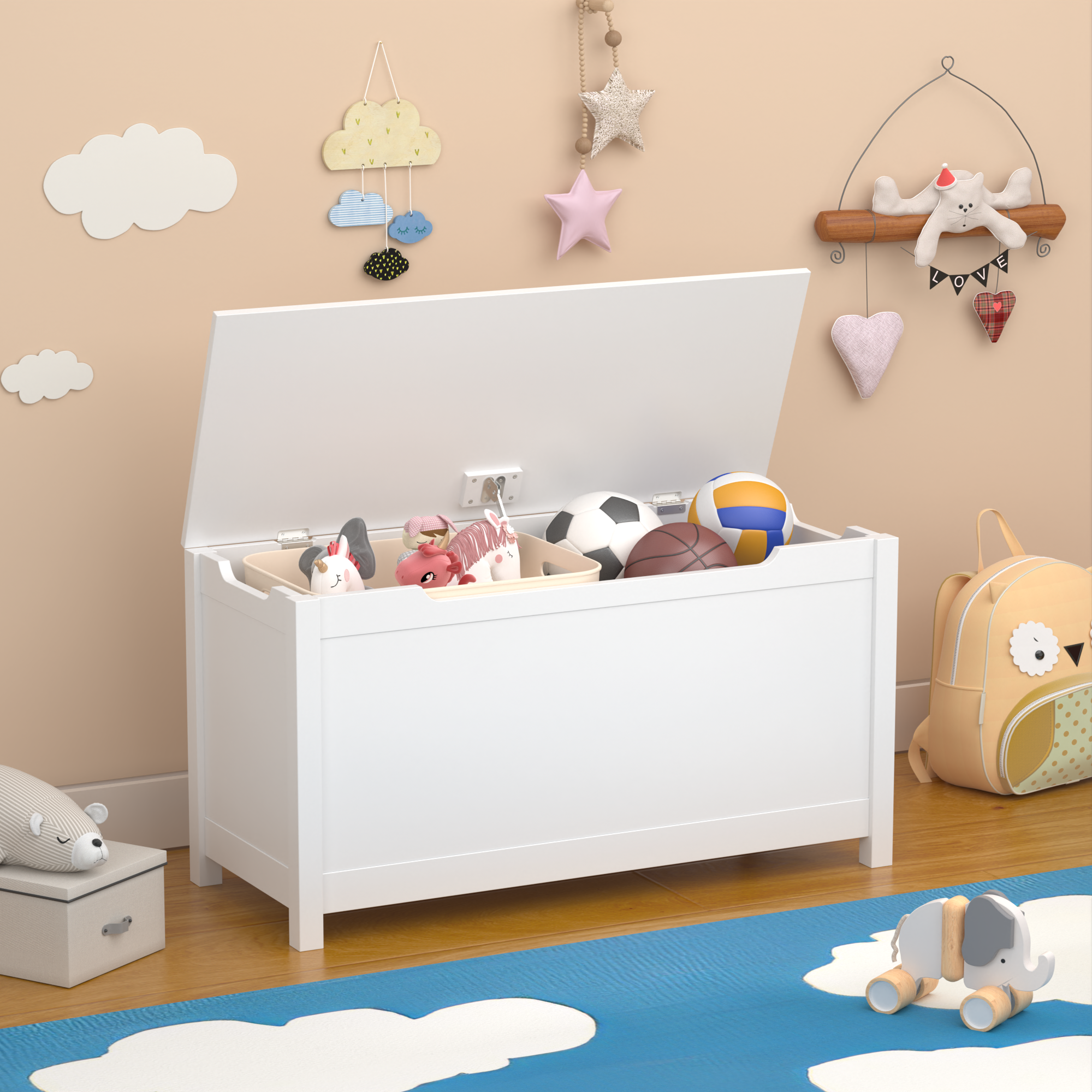 Angle. GOODSILO - Kids' Toy Box: Large Wooden Storage Chest with Safety Lid for Playroom Organization - White.