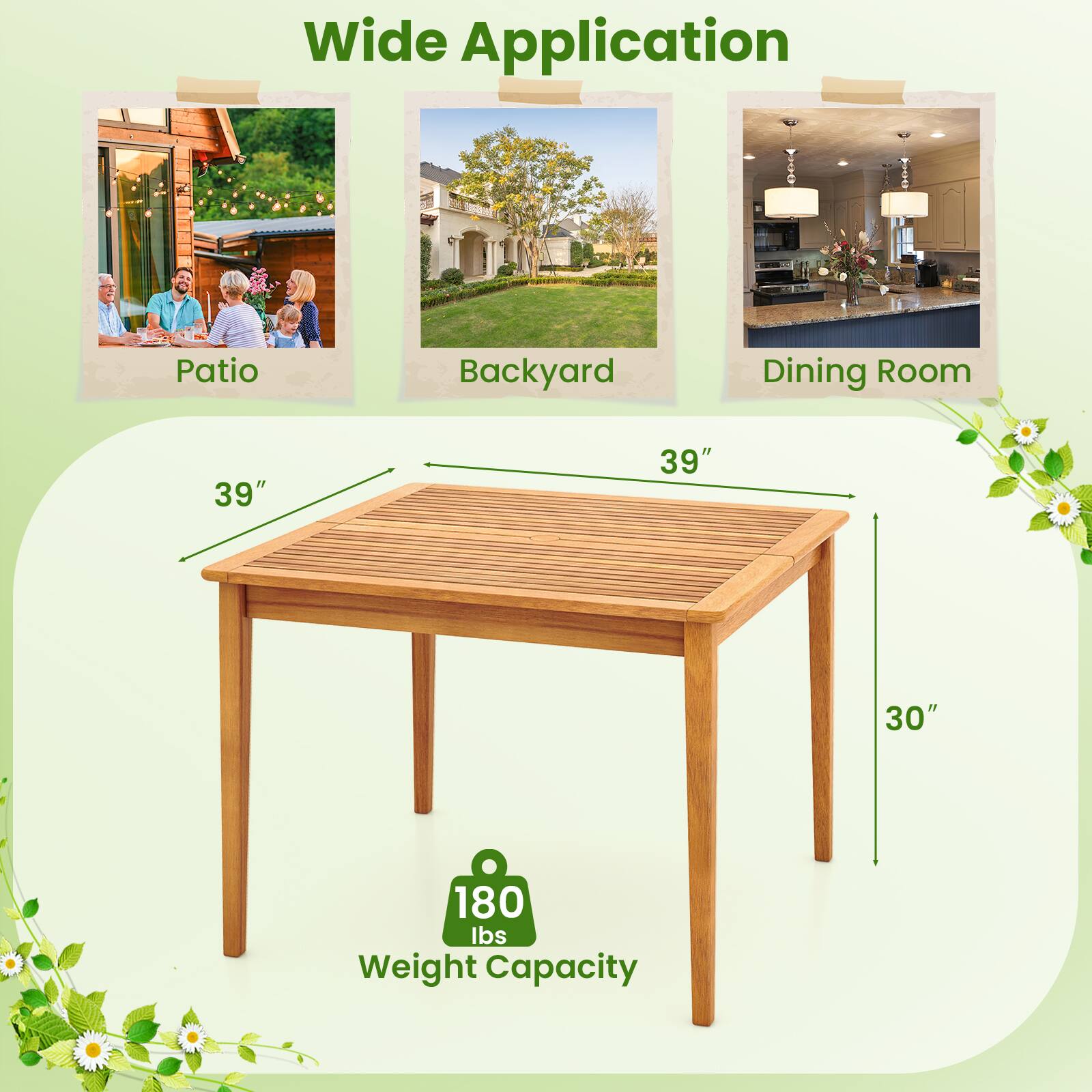 Wide Application
Patio
Backyard
Dining Room
39"
39"
30"
180 lbs Weight Capacity