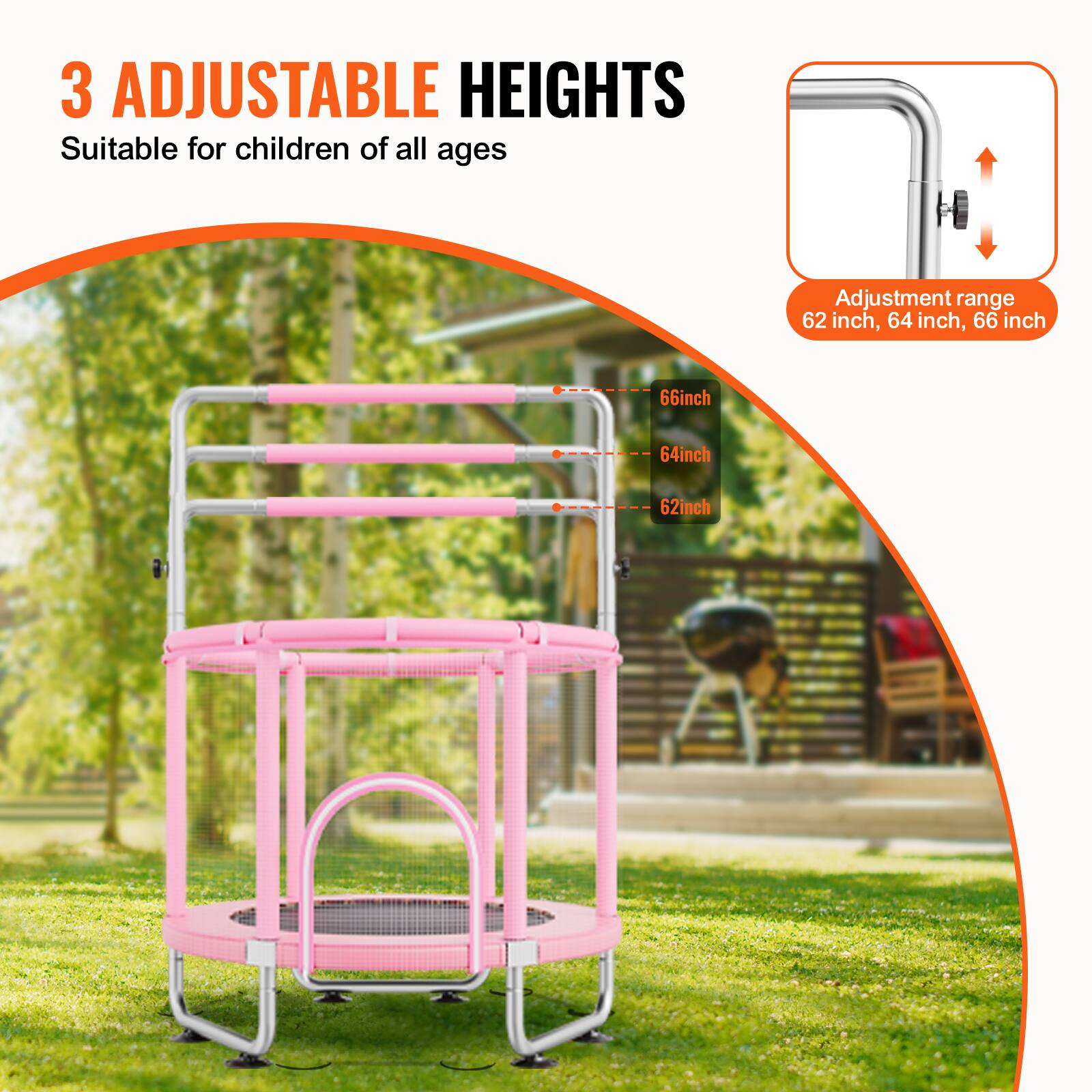 3 Adjustable Heights: Suitable for children of all ages. Adjustment range: 62 inch, 64 inch, 66 inch.