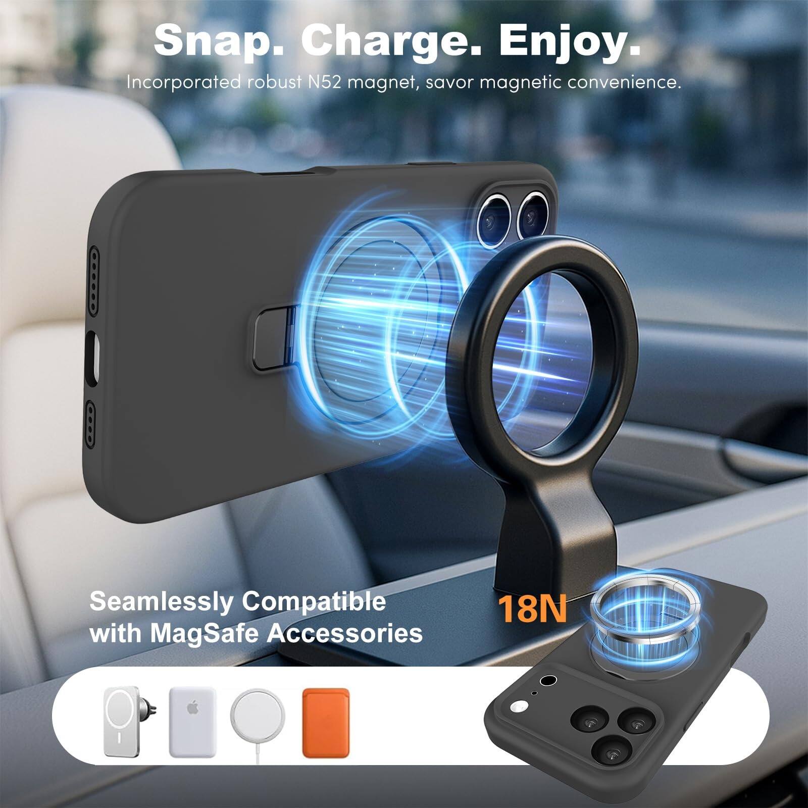 Snap. Charge. Enjoy.  
Incorporated robust N52 magnet, savor magnetic convenience.  
Seamlessly Compatible with MagSafe Accessories  
18N
