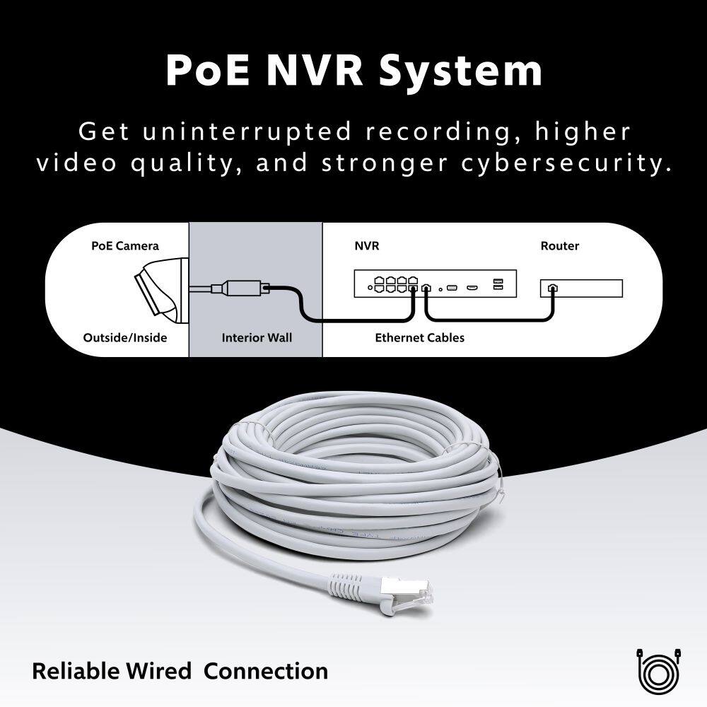 PoE NVR System
Get uninterrupted recording, higher video quality, and stronger cybersecurity.
PoE Camera
Outside/Inside
Interior Wall
NVR
Router
Ethernet Cables
Reliable Wired Connection