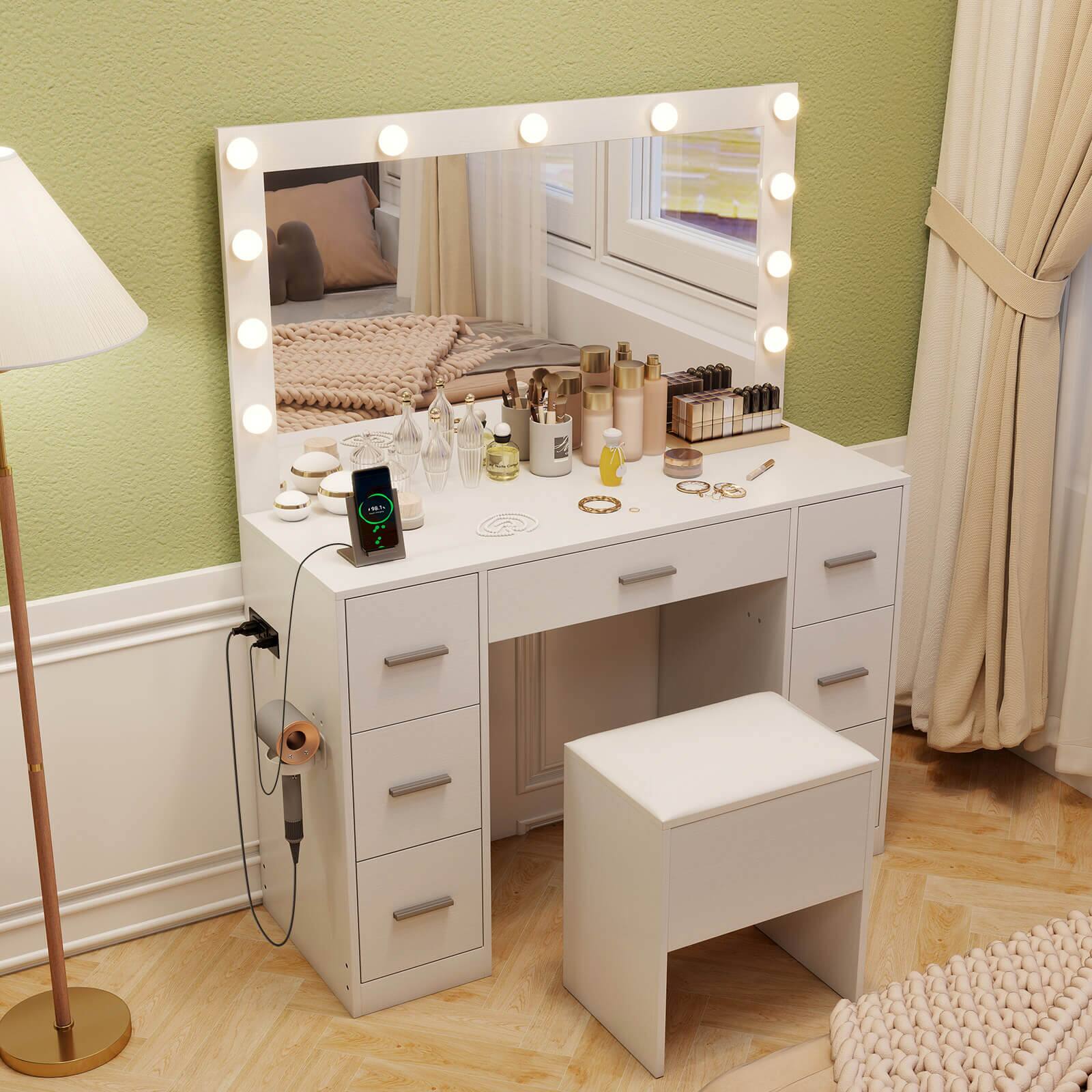 Alt View 5. Costway - Costway Vanity Desk with Mirror and Lights Storage Stool Power Outlets 3 Lighting Colors - White.