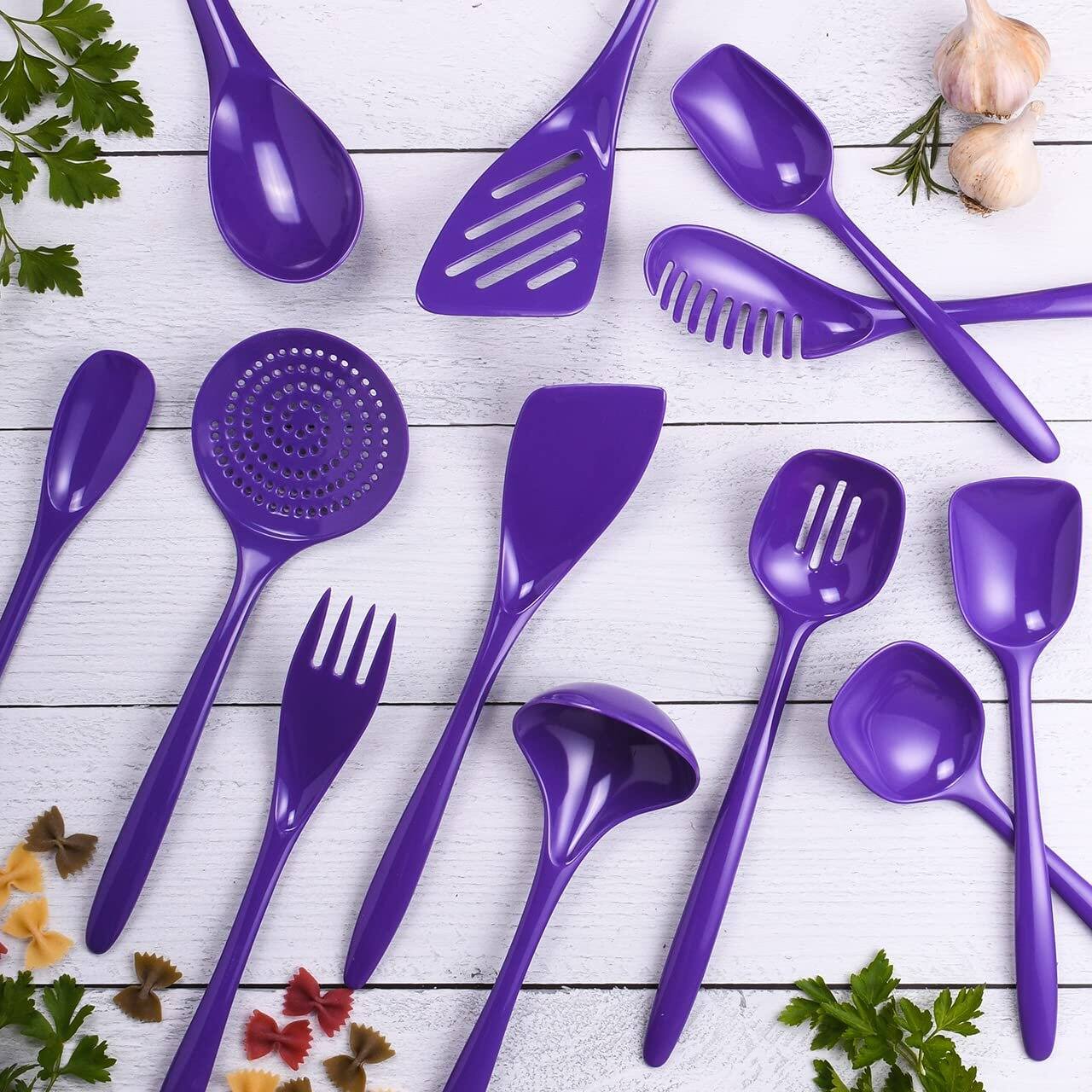 Left. Hutzler - 12 Piece Cook & Serve Melamine Utensil Set - Violet - Violet.
