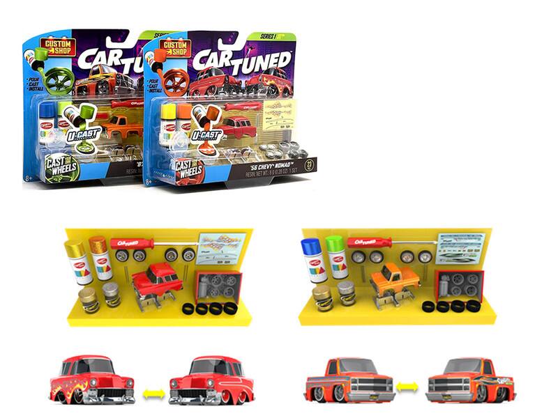 Sure, here is the corrected and grouped text from the image:

---

**Top Left Box:**
- CUSTOM SHOP
- CARTUNED
- U-CAST
- CAST WHEELS
- 8+
- RESIN NET WT. 0.2100 OZ. (6.0 g) 1 SET

**Top Right Box:**
- CUSTOM SHOP
- CARTUNED
- U-CAST
- CAST WHEELS
- 56 CHEVY "NOAG"
- RESIN NET WT. 0.2100 OZ. (6.0 g) 1 SET

**Bottom Left Display:**
- CUSTOM SHOP
- CARTUNED
- U-CAST
- CAST WHEELS
- 8+
- RESIN NET WT. 0.2100 OZ. (6.0 g) 1 SET

**Bottom Right Display:**
- CUSTOM SHOP
- CARTUNED
- U-CAST
- CAST WHEELS
- 56 CHEVY "NOAG"
- RESIN NET WT. 0.2100 OZ. (6.0 g) 1 SET

---

This text is