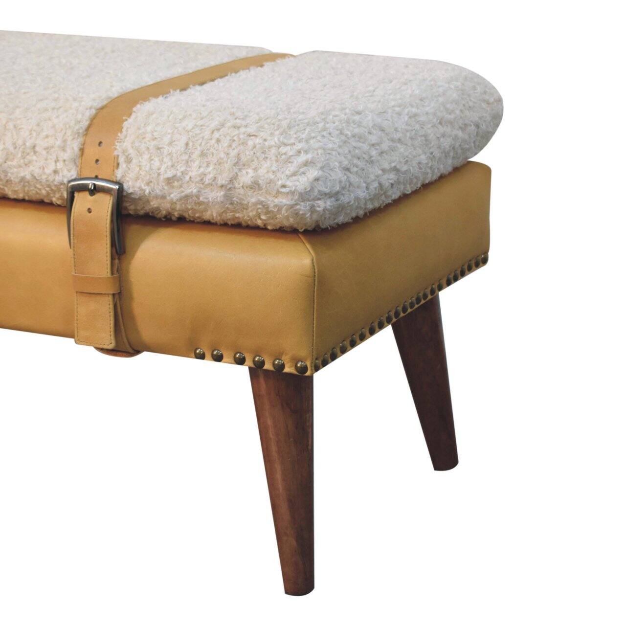 Alt View 4. Artisan Furniture - Artisan Furniture Solid Wood Boucle x Tan Leather Bench, Upholstered, Yellow & Cream - Yellow & Cream.