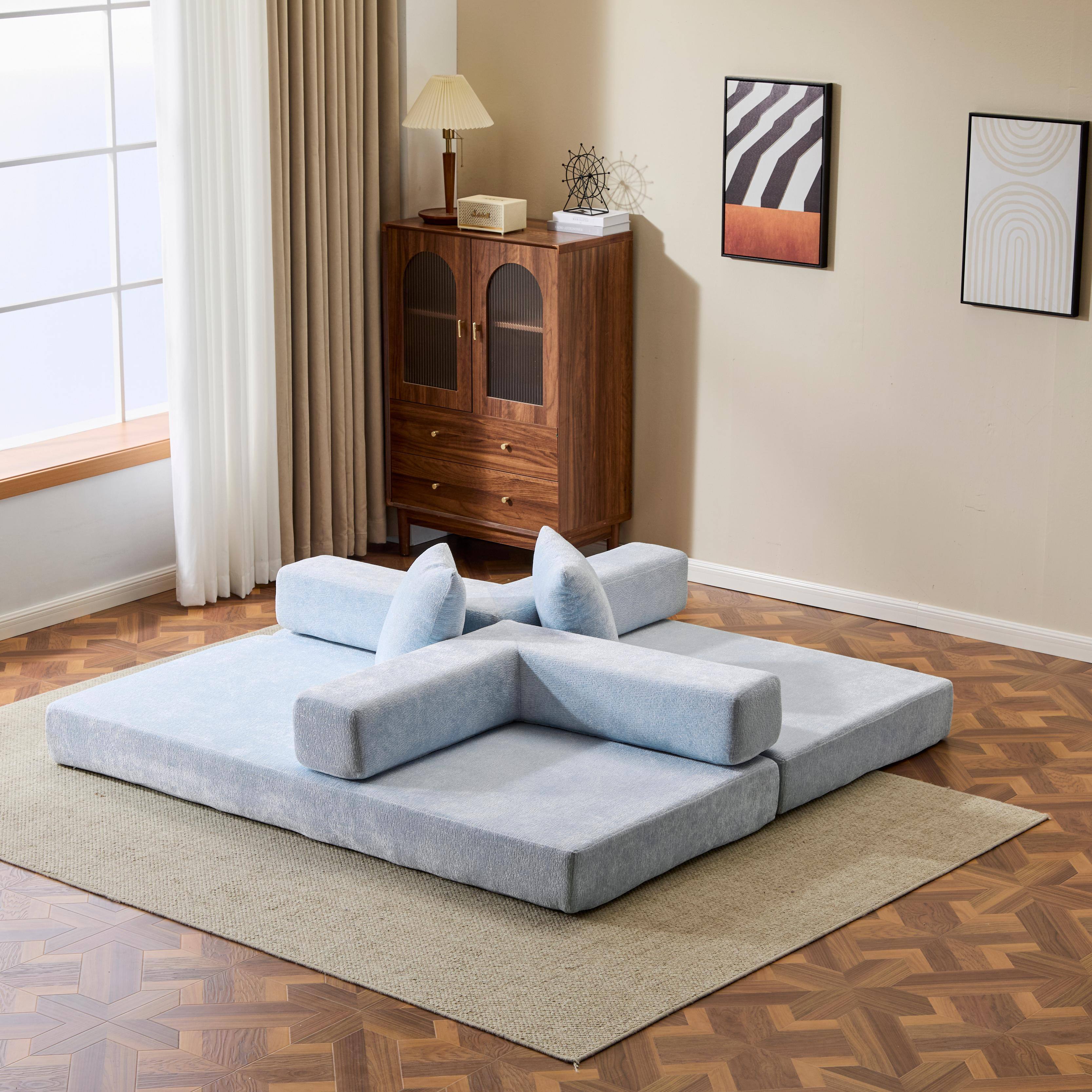 Alt View 6. Anysun - Chenille Convertible Floor Sofa Bed with Pillow Support & Armrest - Compression Couch Sleeper for Living Room & Bedroom - Blue.