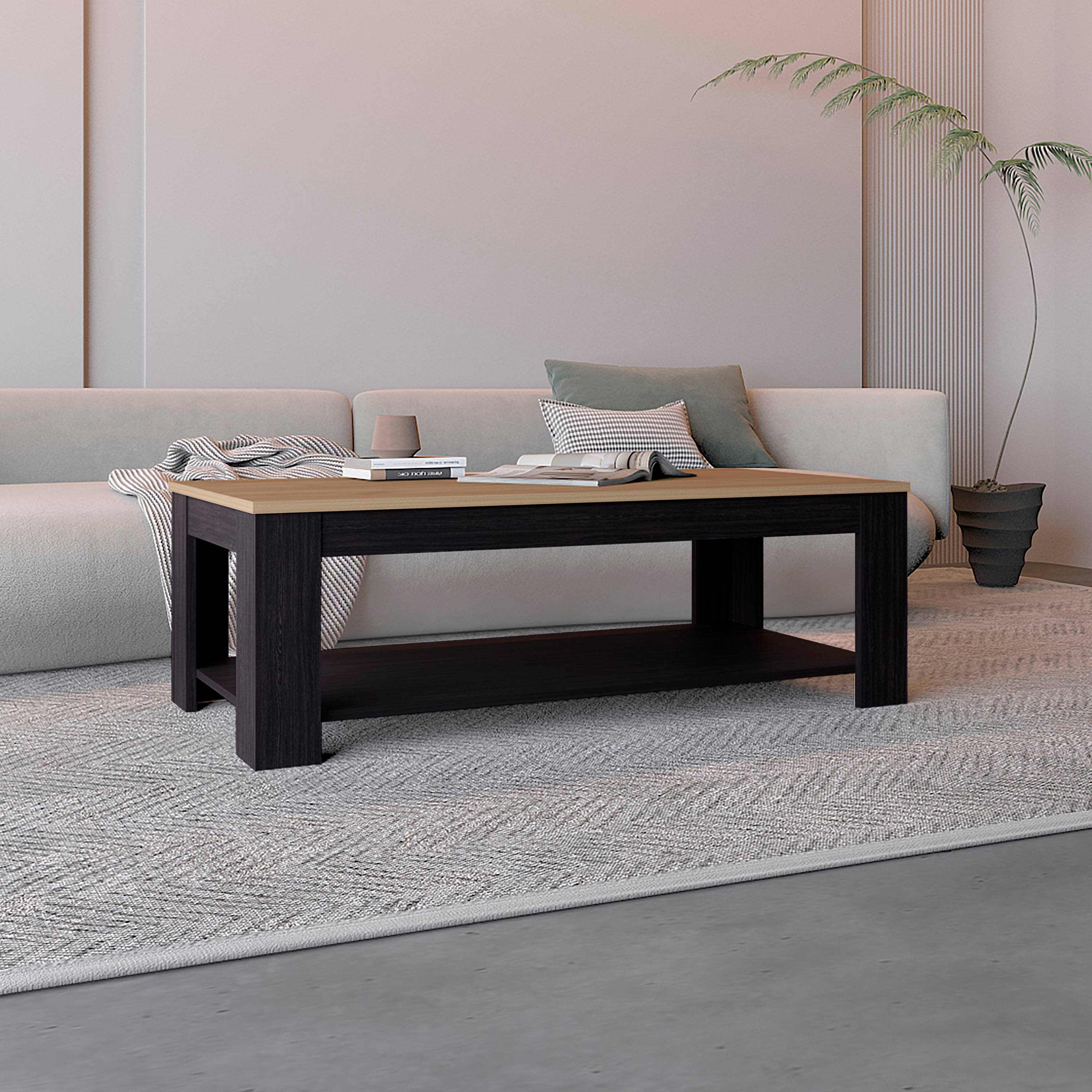 Angle. TuHome - Cecil Coffee Table with Open Storage Shelf for Decor, Modern and Minimalist Design for Living Room or Lounge Area - Black, Natural Oak.