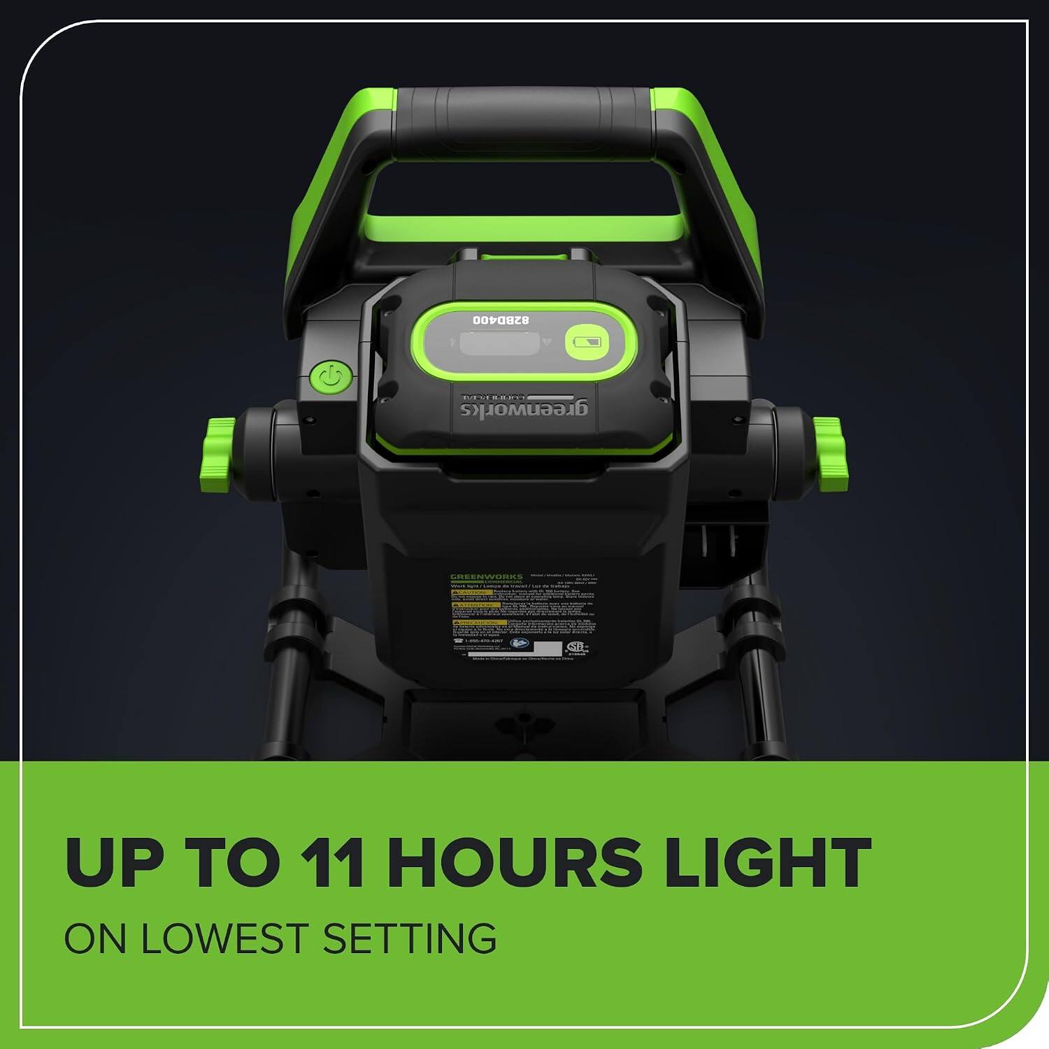 280400 . - .. ..... greenworks GREENWORKS UP TO 11 HOURS LIGHT ON LOWEST SETTING