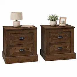 Gymax - 2PCS Farmhouse Nightstand w/ 2 Large Drawers and Metal Handles Elevated Base - Brown
