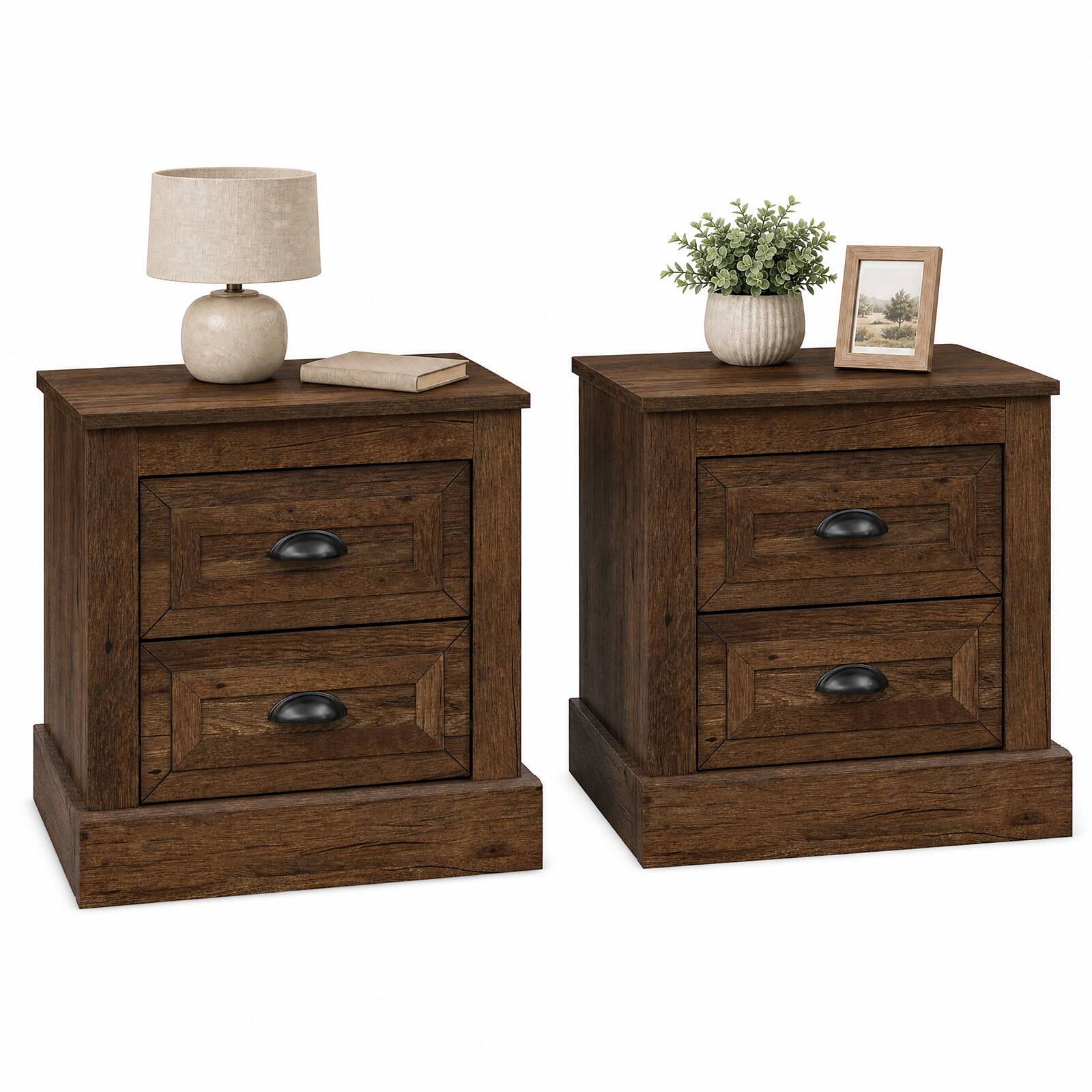 Gymax - 2PCS Farmhouse Nightstand w/ 2 Large Drawers and Metal Handles Elevated Base - Brown