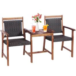 Costway - 2-Seat Patio Rattan Bench Acacia Wood Frame Table W/Umbrella Hole Deck - Reddish Brown