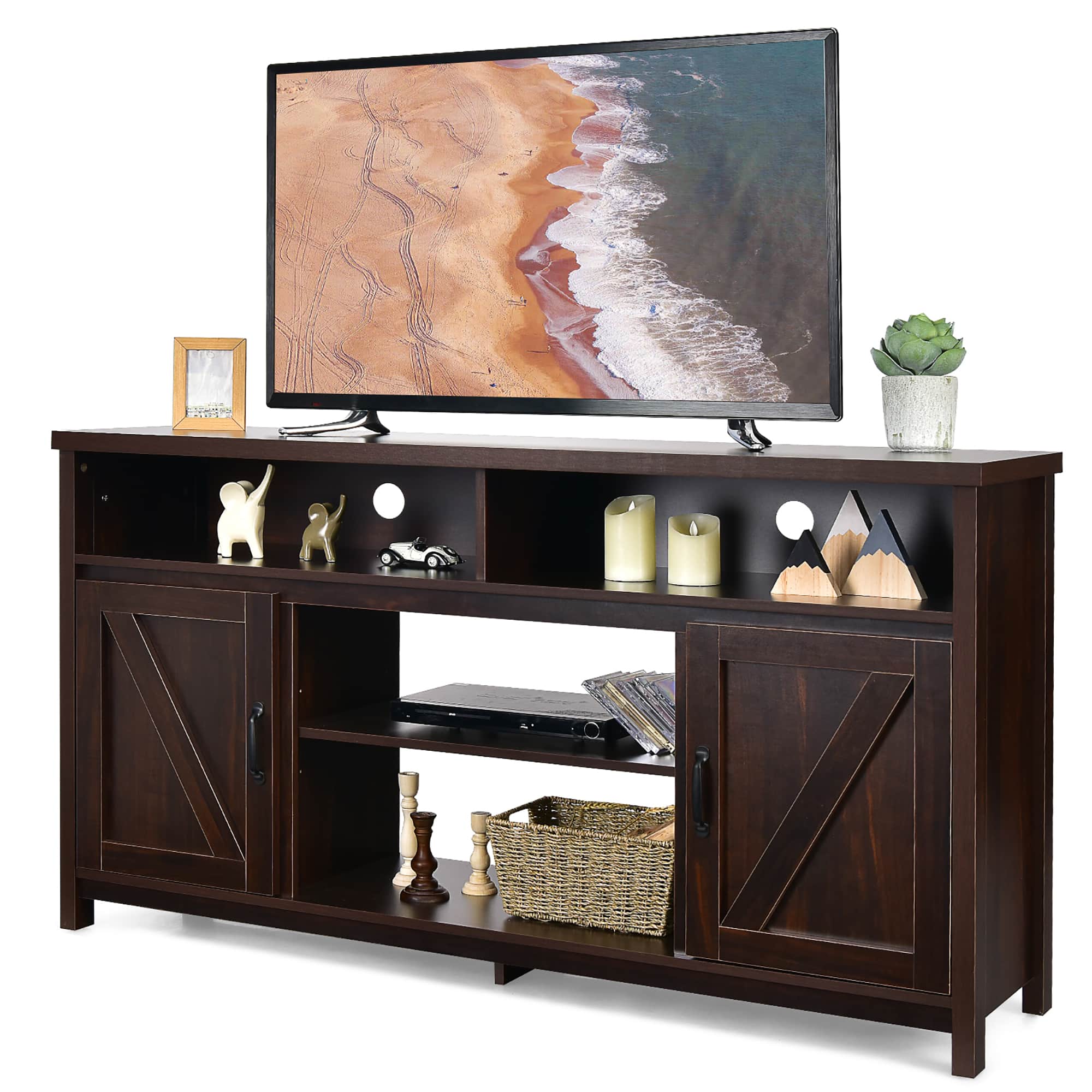 Front. Costway - Costway 59" TV Stand Media Center Console Cabinet w/ Barn Door for TV's 65" - Coffee.