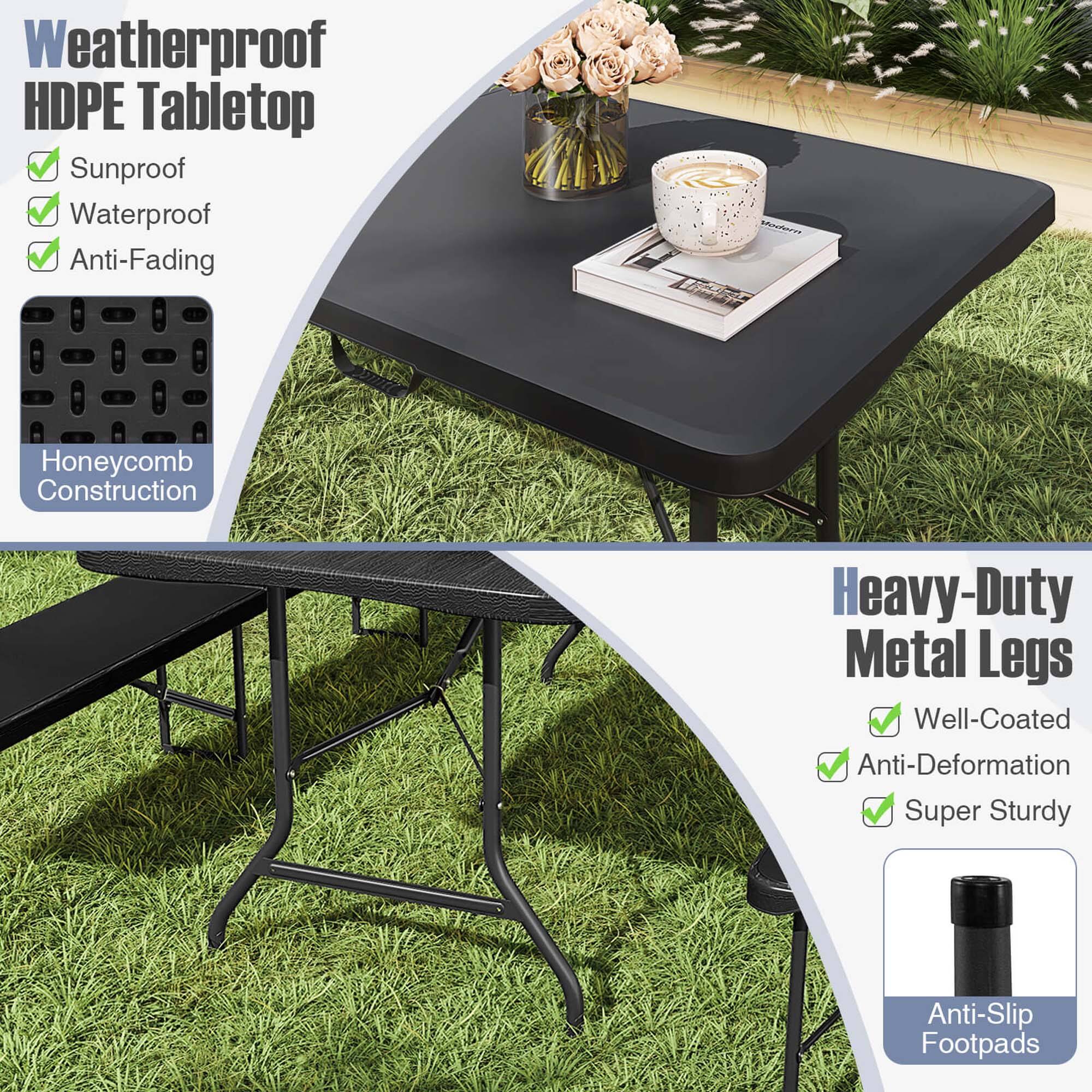 Weatherproof HDPE Tabletop  
- Sunproof  
- Waterproof  
- Anti-Fading  

Honeycomb Construction  

Heavy-Duty Metal Legs  
- Well-Coated  
- Anti-Deformation  
- Super Sturdy  

Anti-Slip Footpads